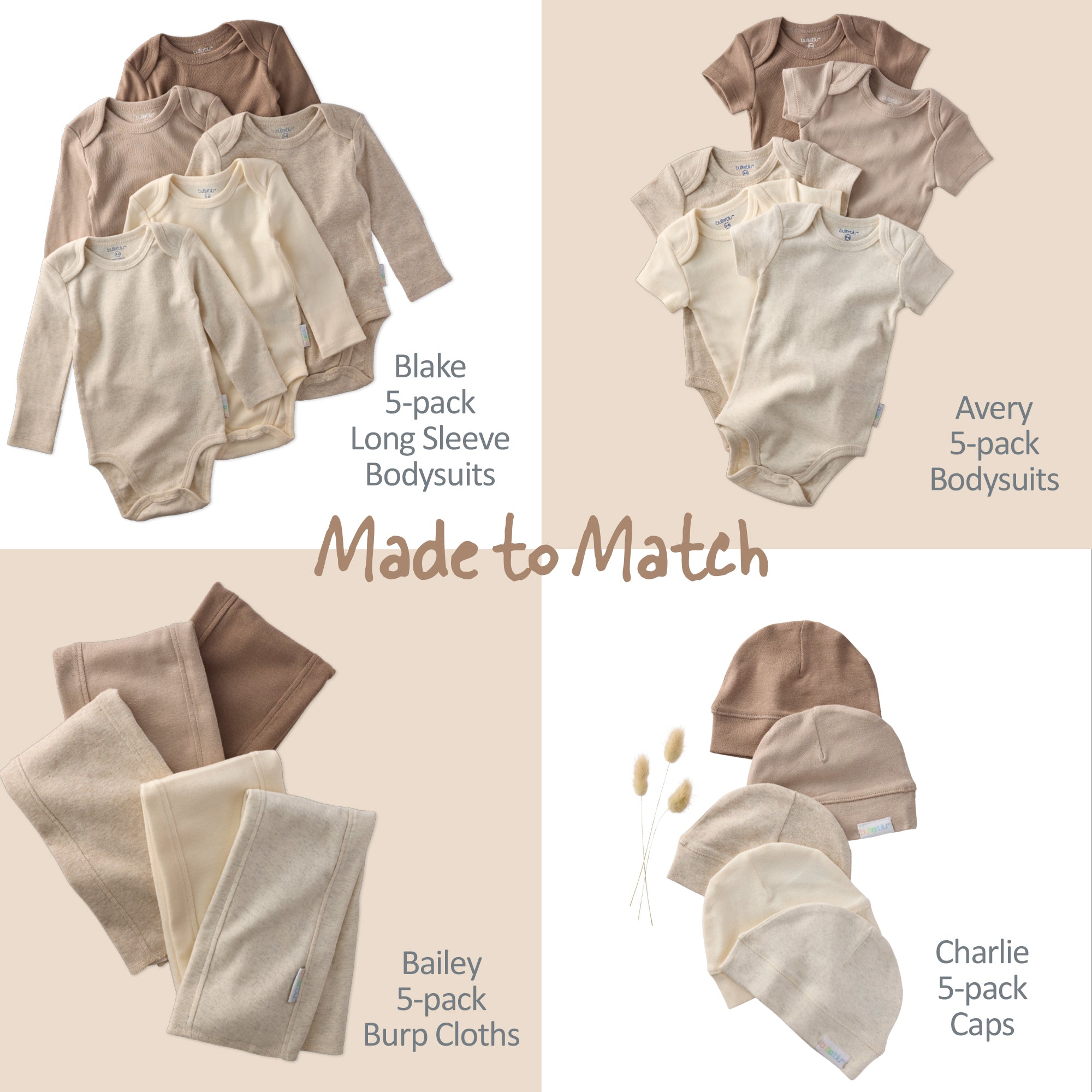 Collection of baby clothing sets including bodysuits, burp cloths, and caps with matching theme.