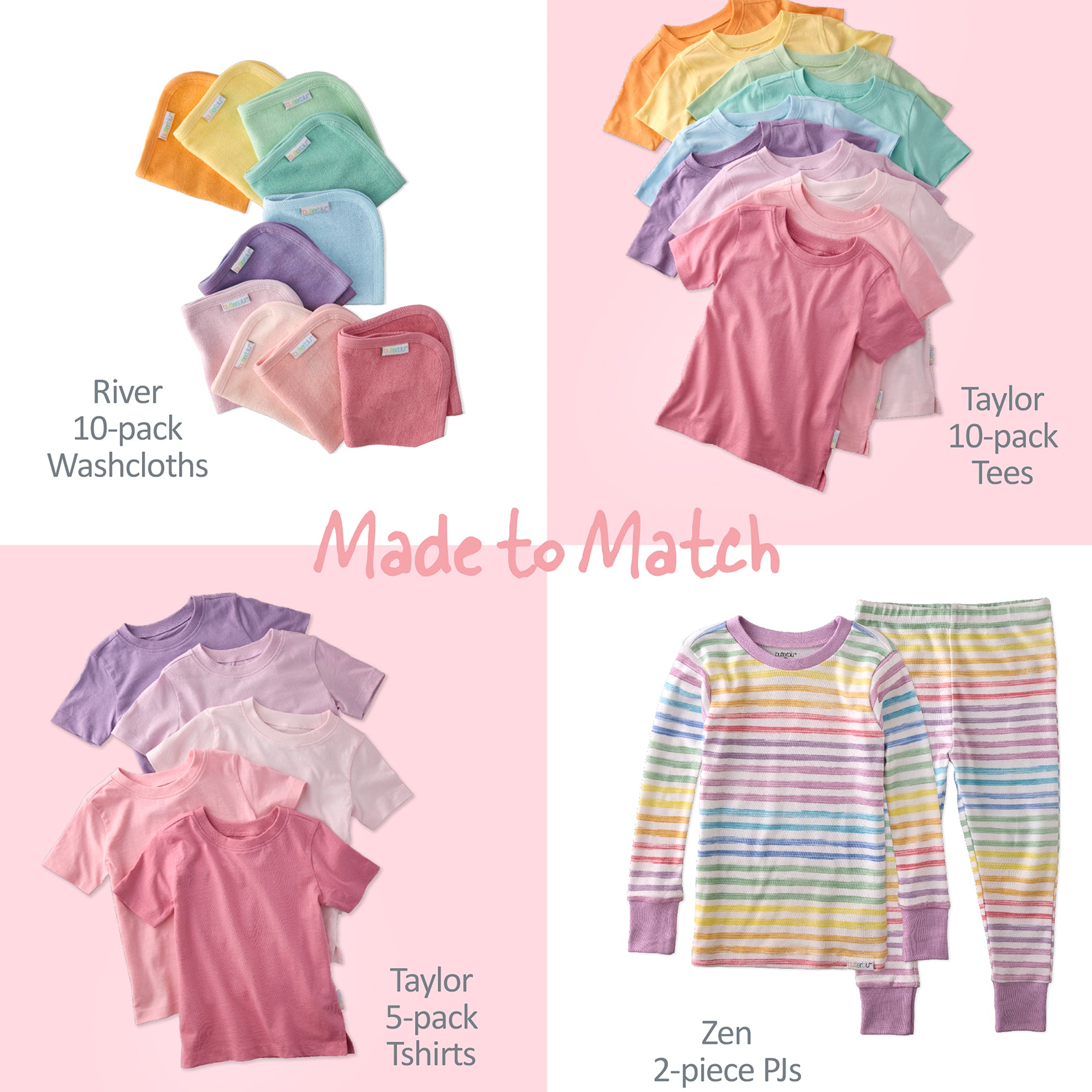 Collection of children's clothing including washcloths, tees, shirts, and pajamas on a pink background.