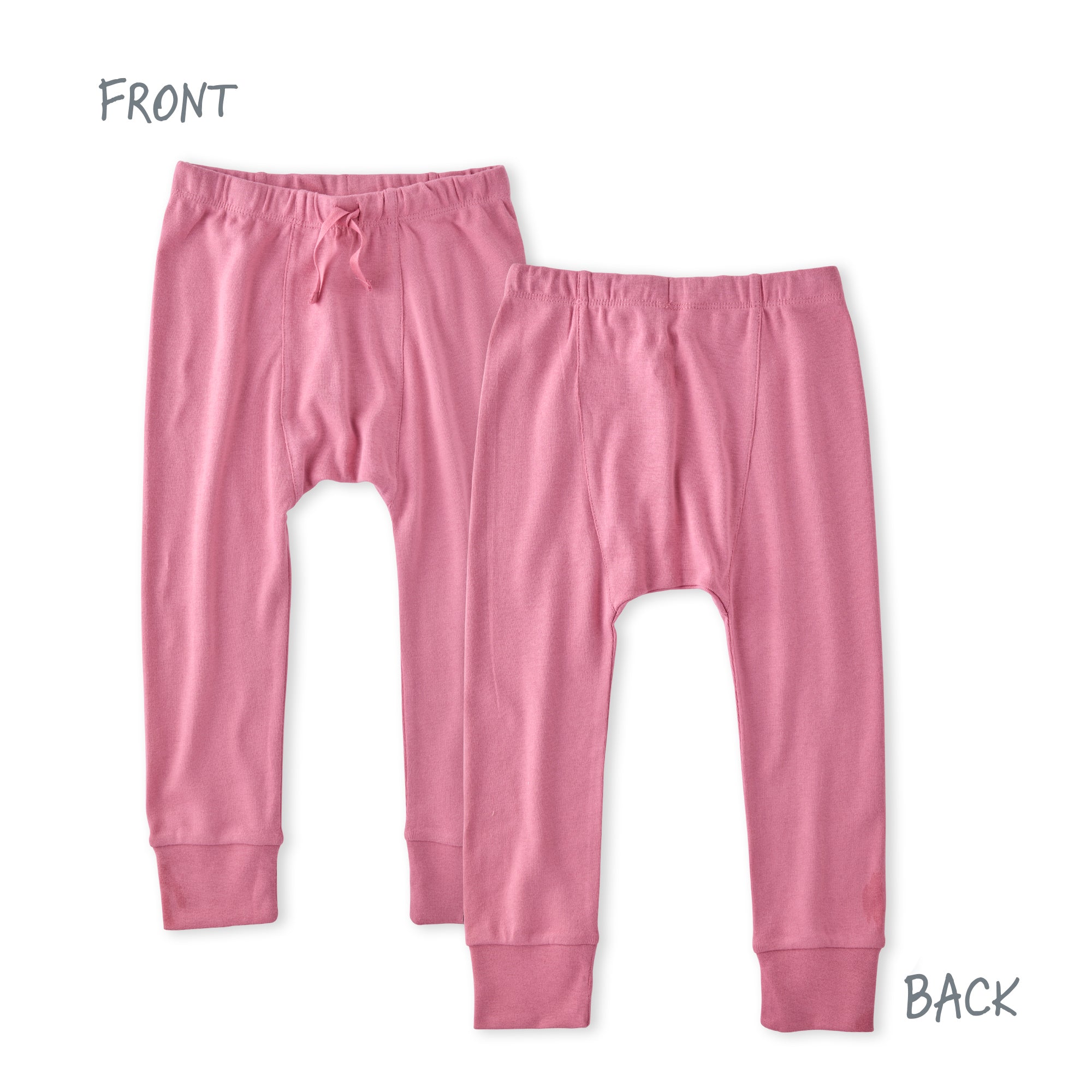 Pink baby pants shown from front and back on a white background
