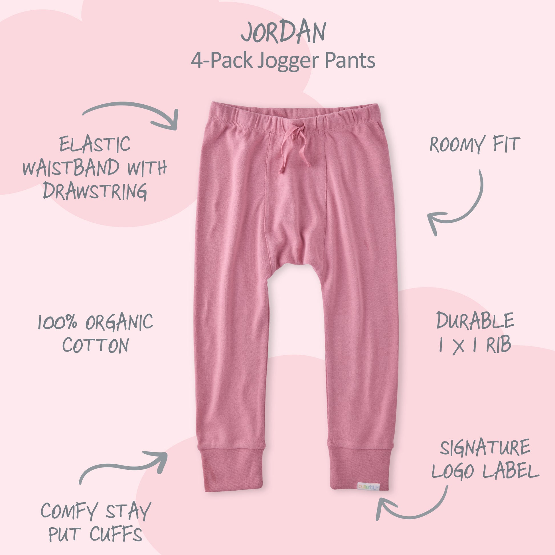 Pink jogger pants with features listed on a pink background