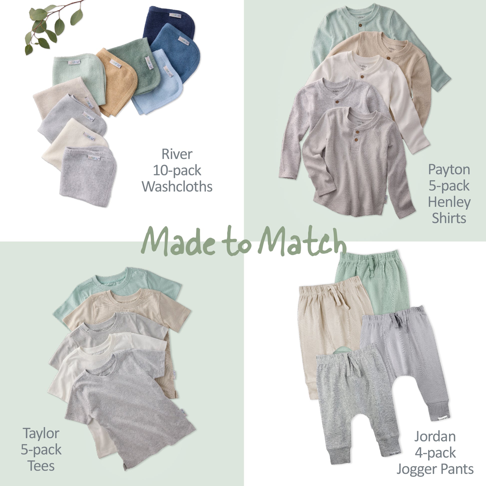 Collection of baby clothing items including washcloths, henley shirts, tees, and jogger pants with text indicating matching sets.