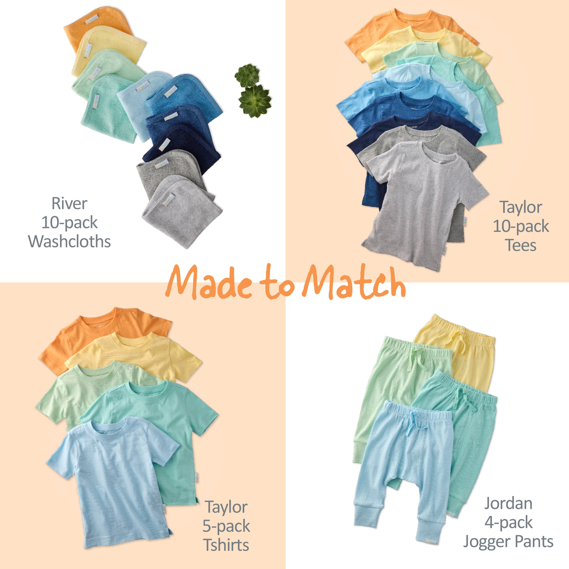 Collection of baby clothing including washcloths, tees, and jogger pants with color matching information.