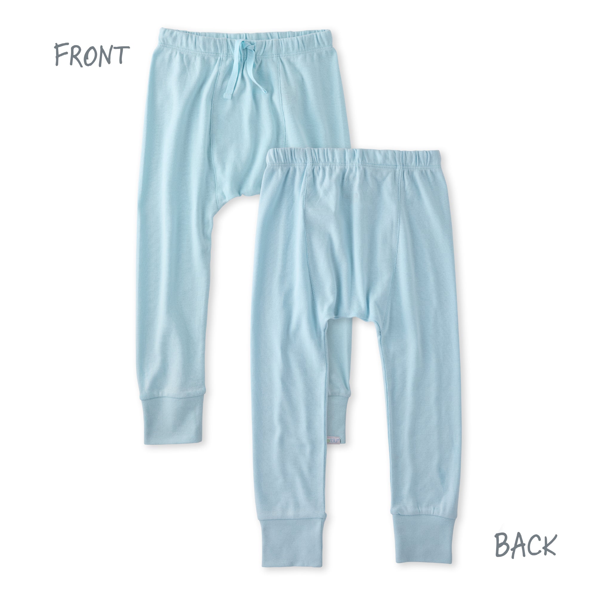 Light blue children's pajama set shown from front and back on a white background