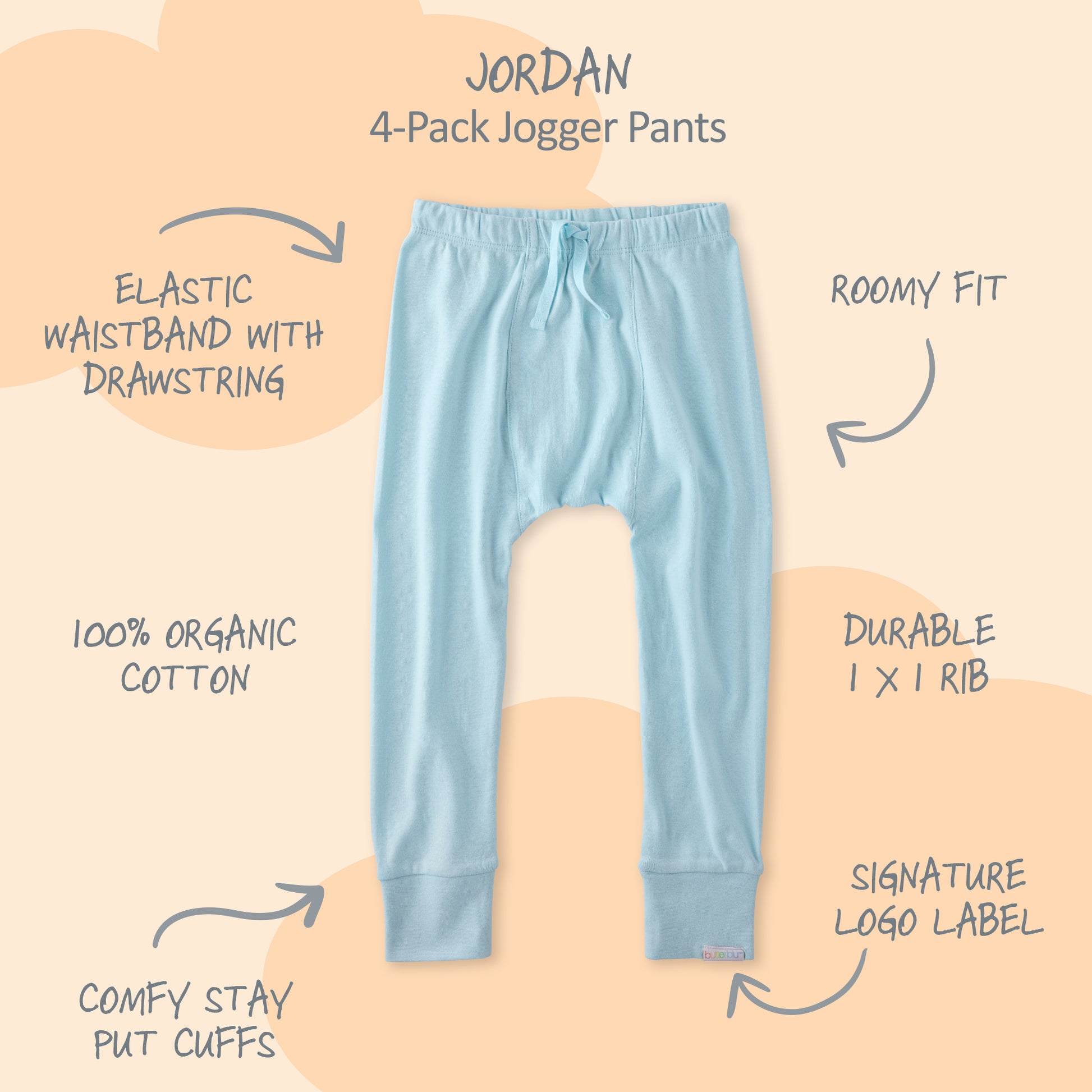 Blue jogger pants with features listed on a beige background