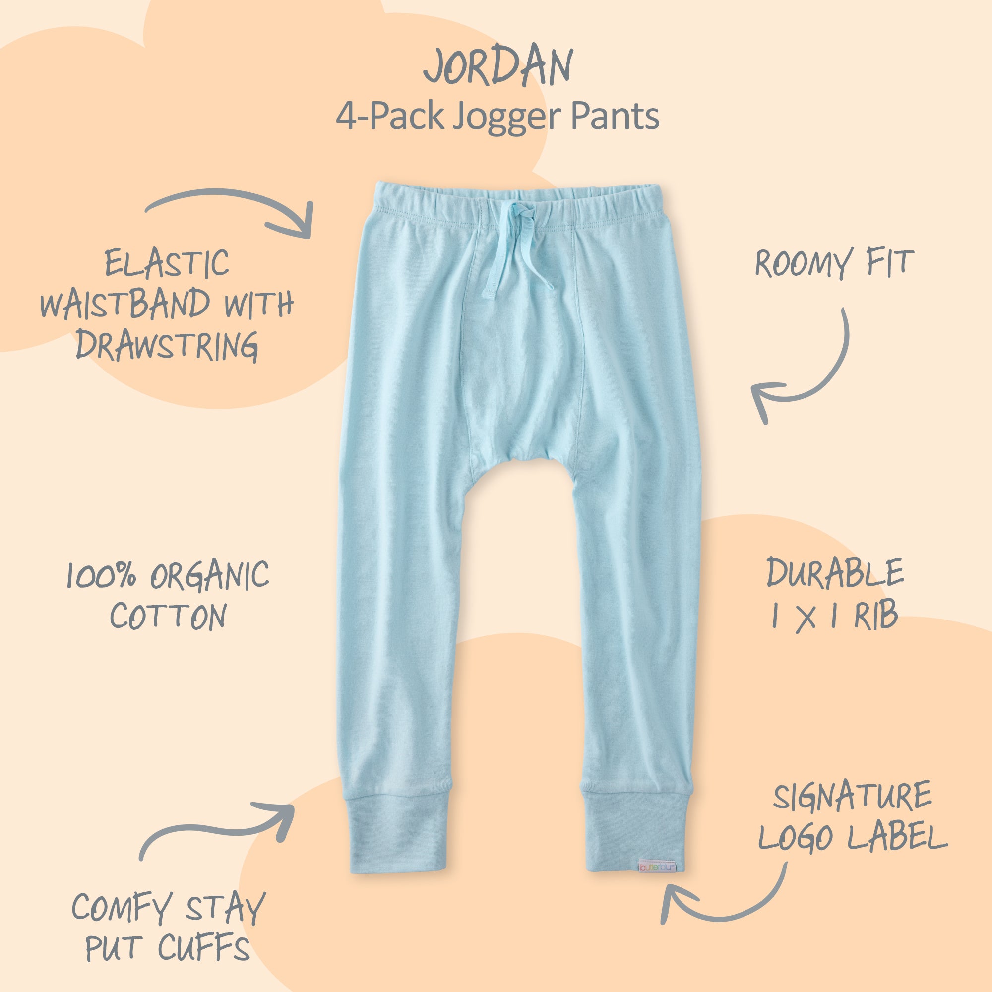 Blue jogger pants with features listed on a beige background