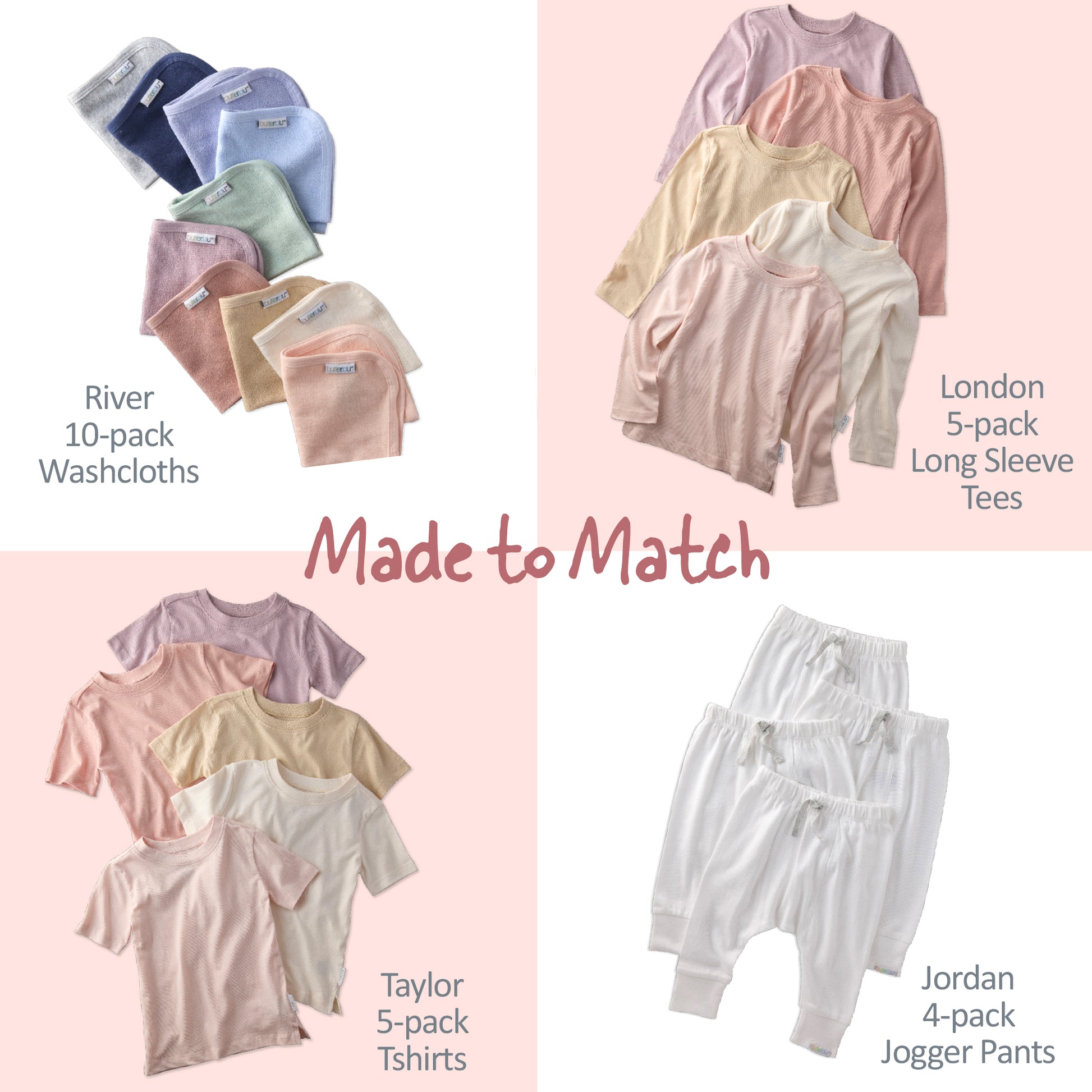 Collection of baby clothing items including washcloths, long sleeve tees, t-shirts, and jogger pants on a pink background.