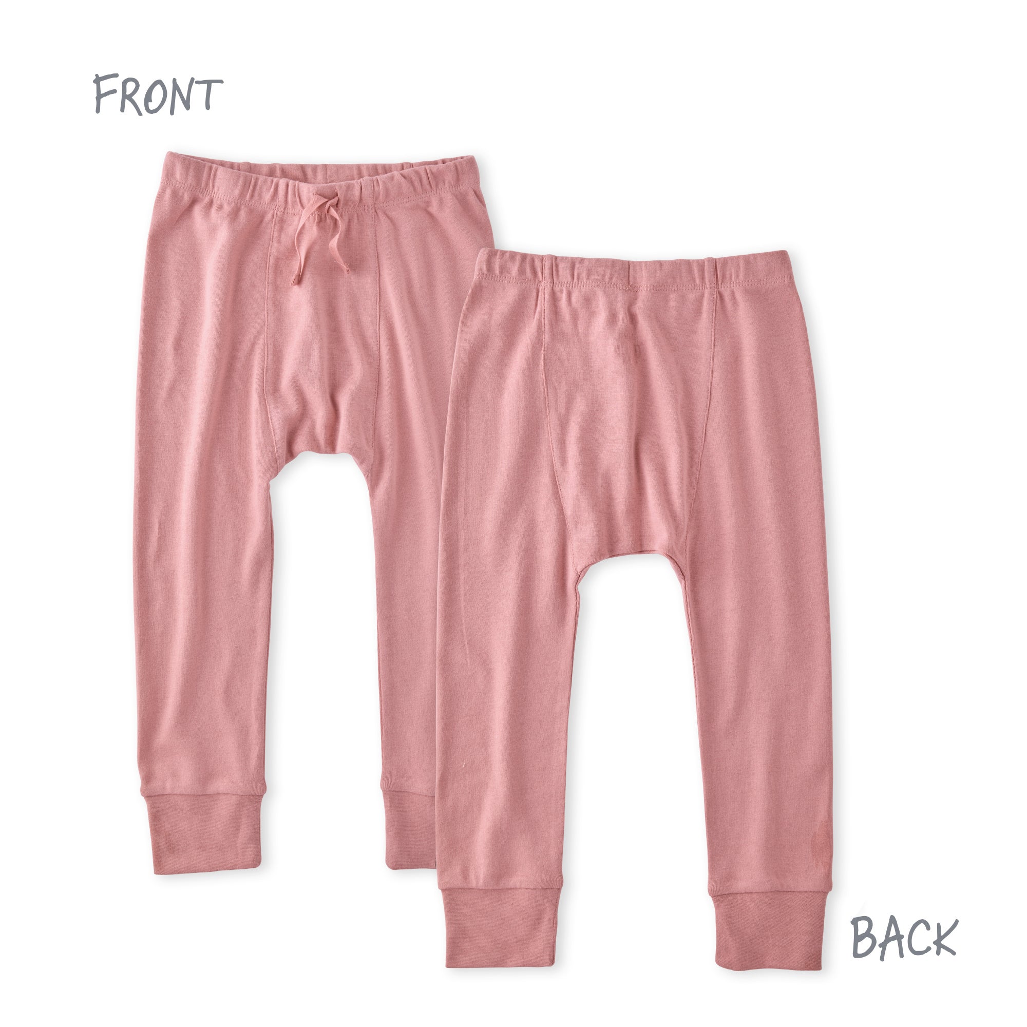 Pink pants shown from front and back on a white background