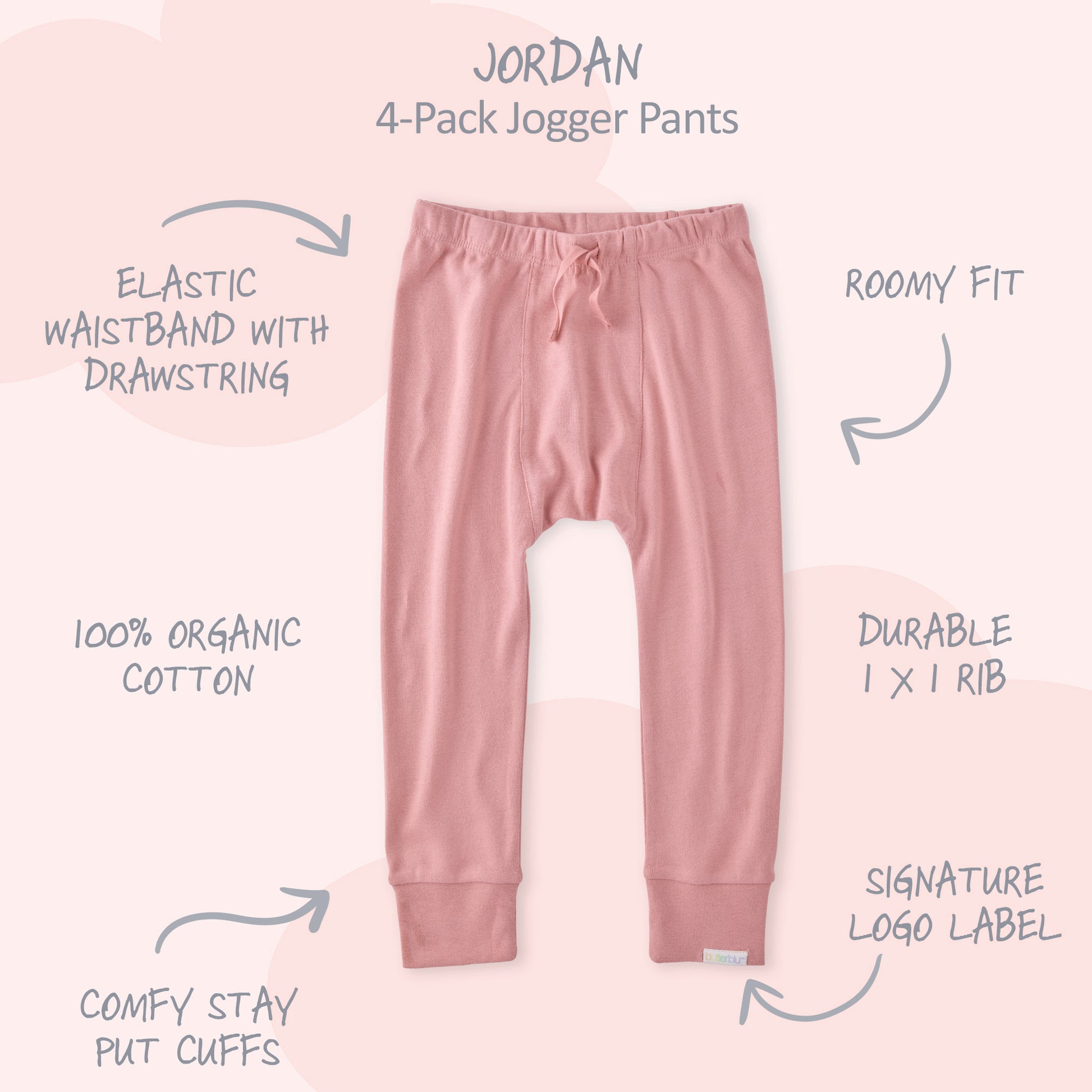 Pink jogger pants with features listed on a light pink background