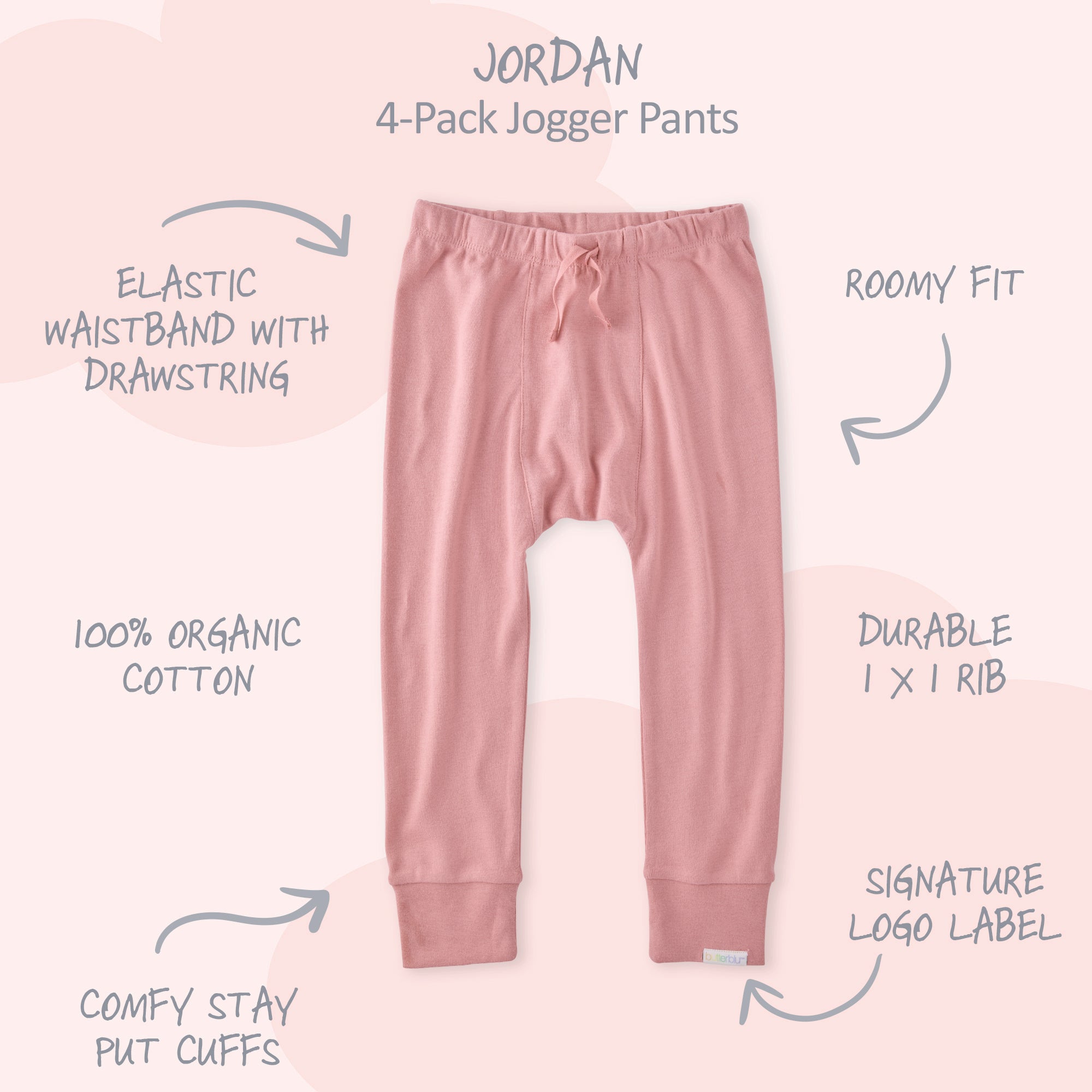Pink jogger pants with features listed on a light pink background
