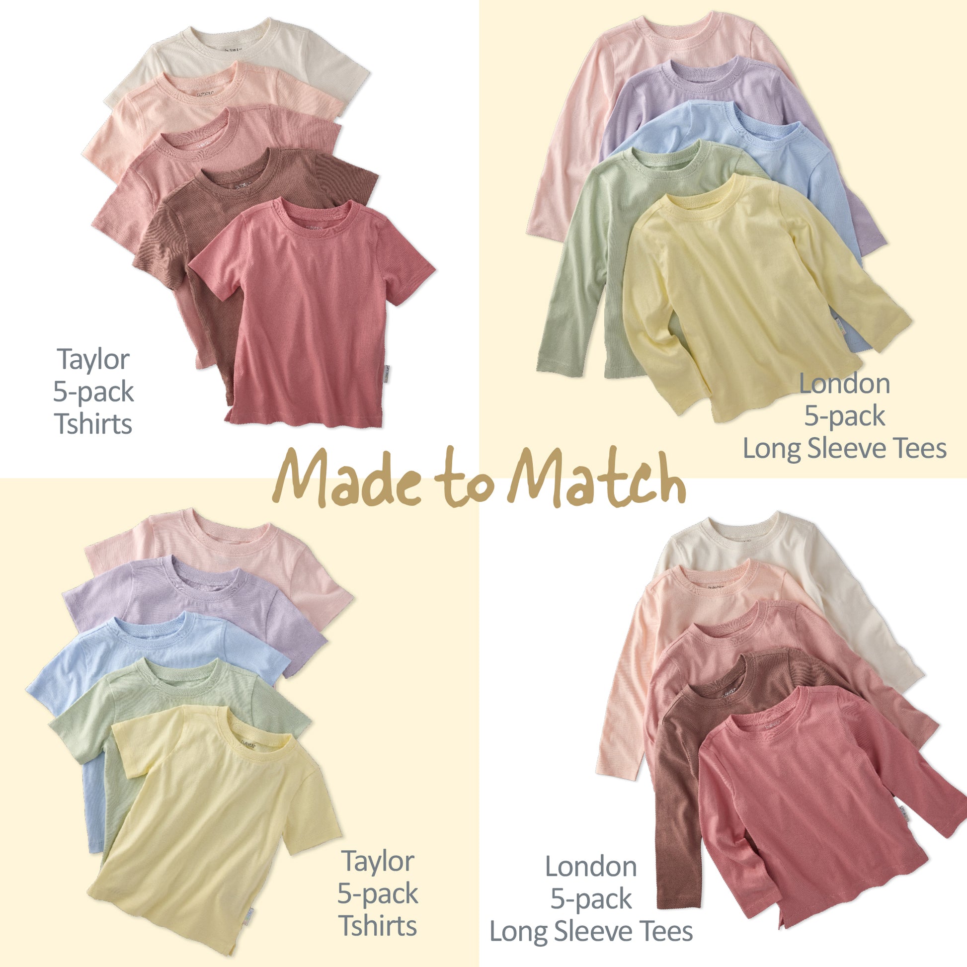 Set of Taylor and London 5-pack t-shirts and long-sleeve tees in pastel colors on a light yellow background.