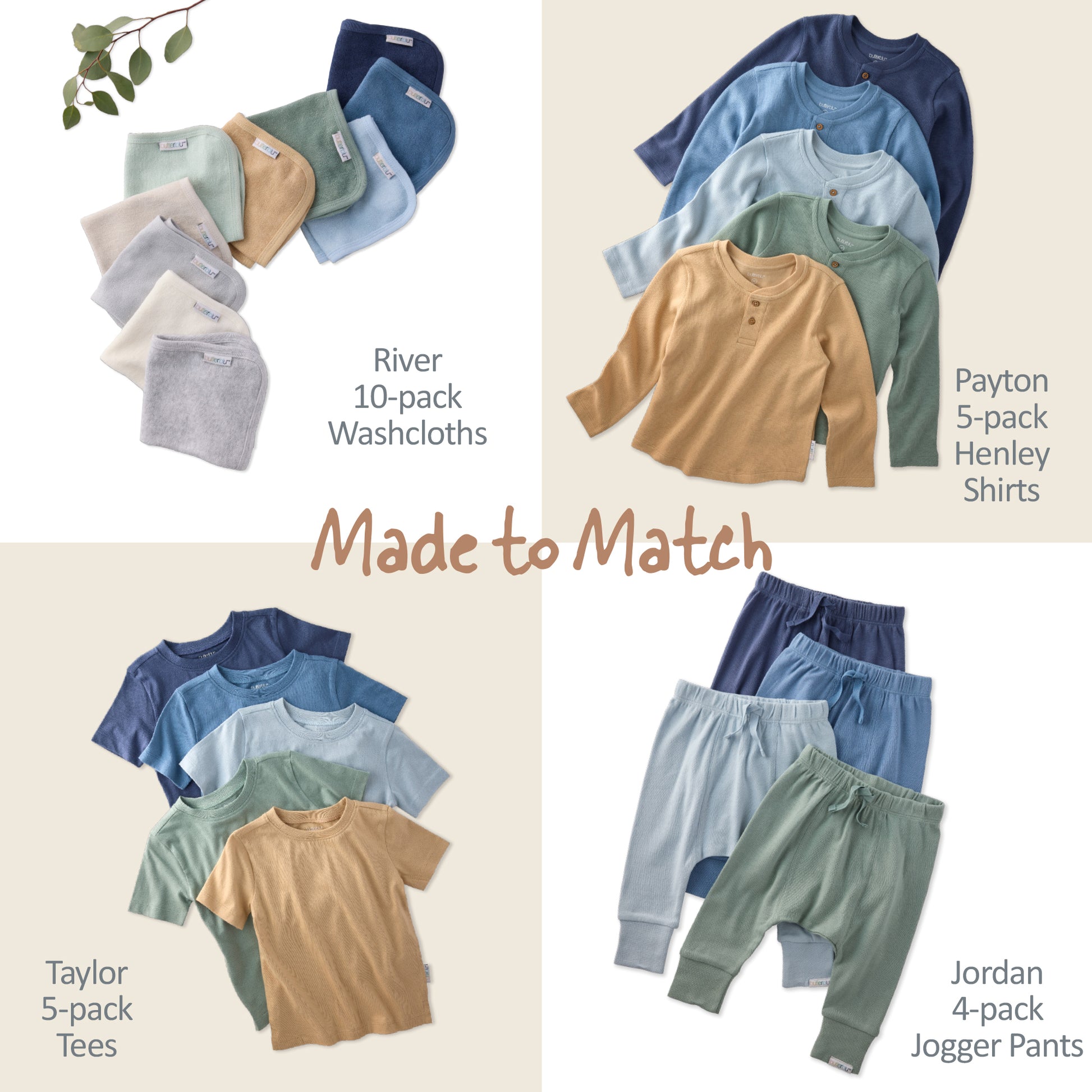 Collection of children's clothing including washcloths, henley shirts, tees, and jogger pants with text indicating matching sets.