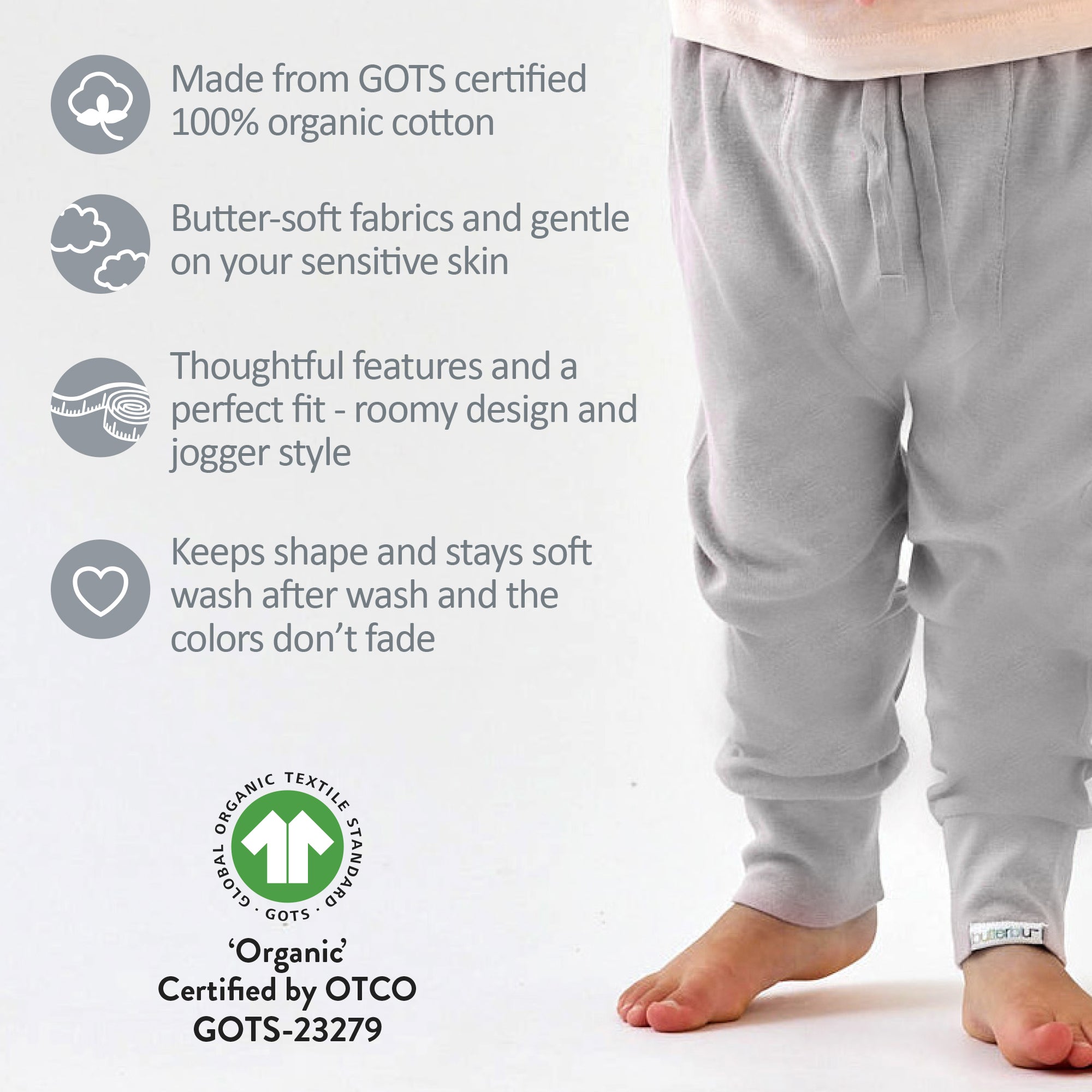 Light gray jogger pants with GOTS certification details on a white background