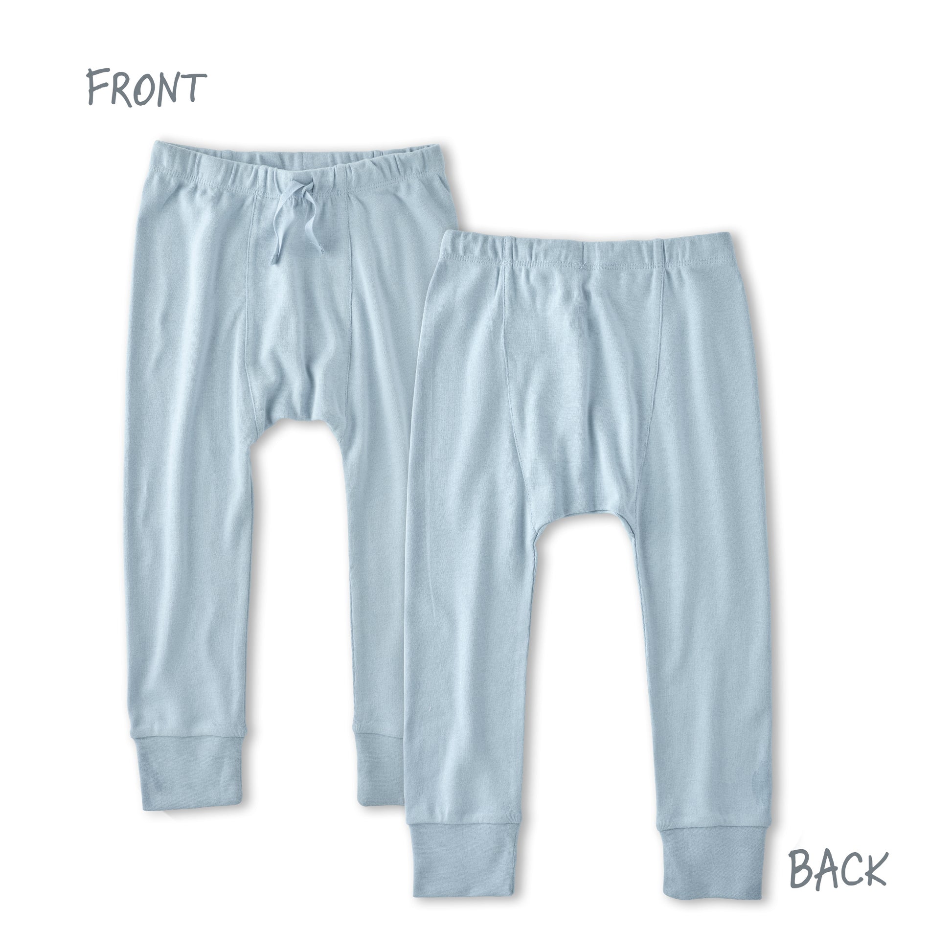 Light blue baby pants shown from front and back on a white background
