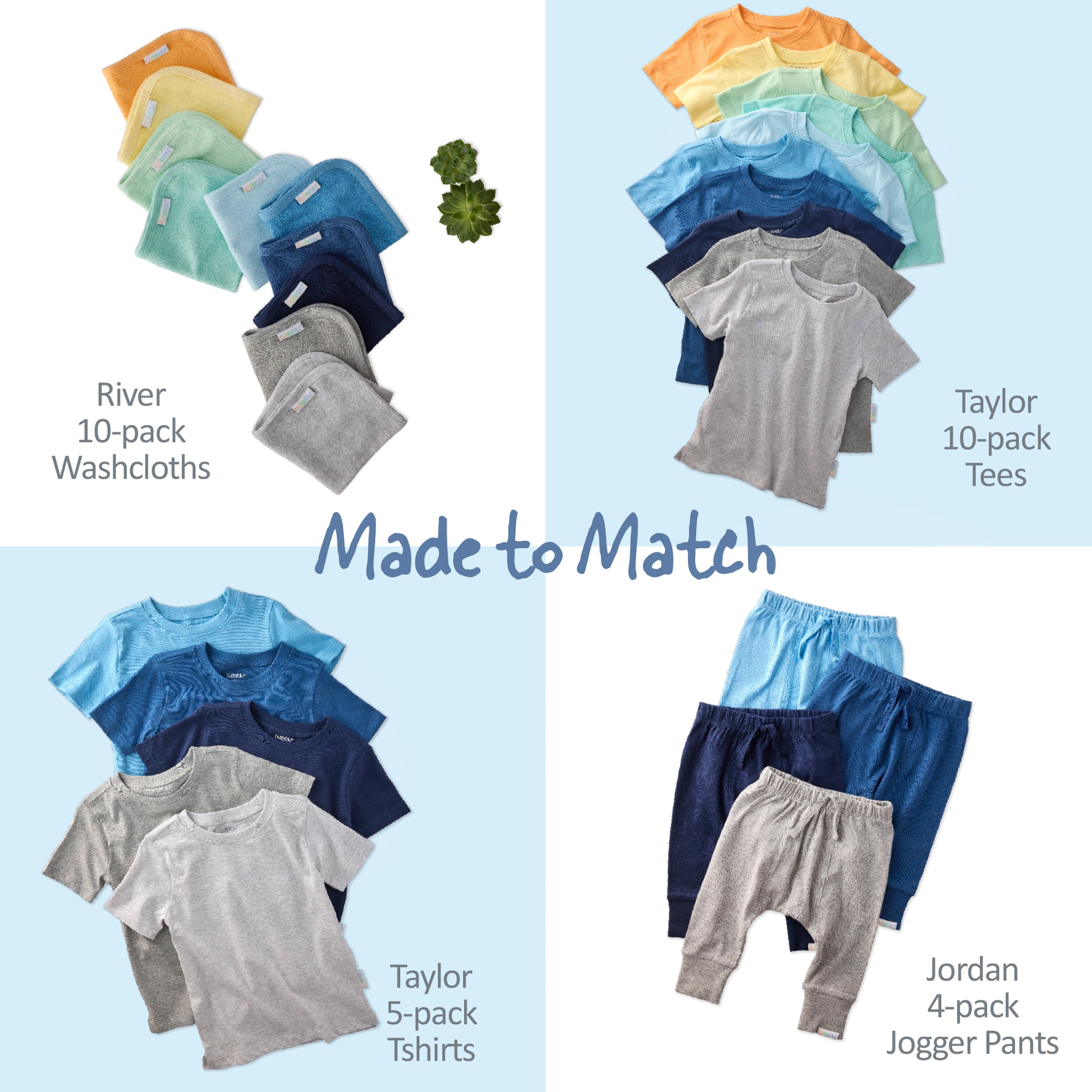 Collection of children's clothing including washcloths, tees, t-shirts, and jogger pants on a light blue background.