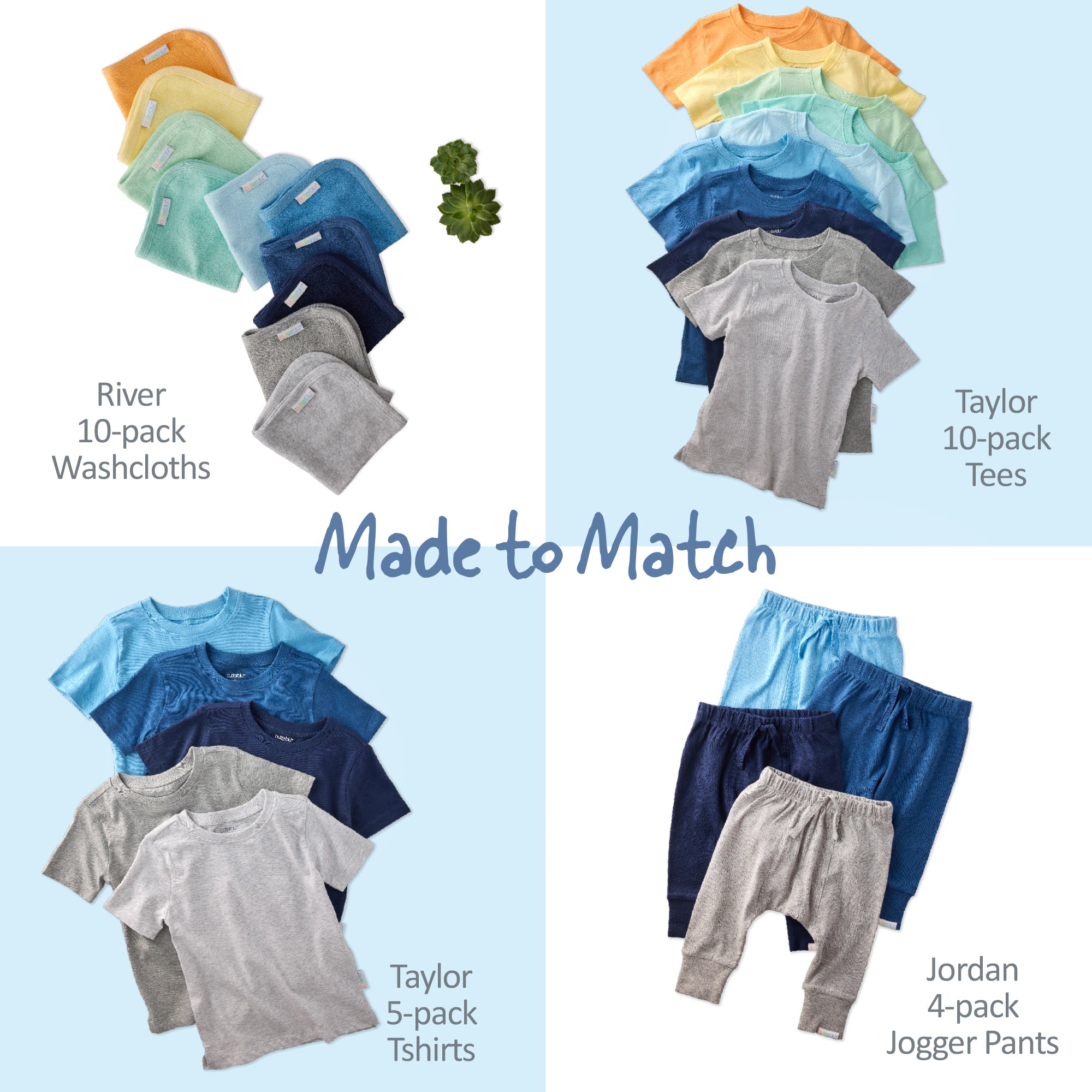 Collection of children's clothing including washcloths, tees, t-shirts, and jogger pants on a light blue background.
