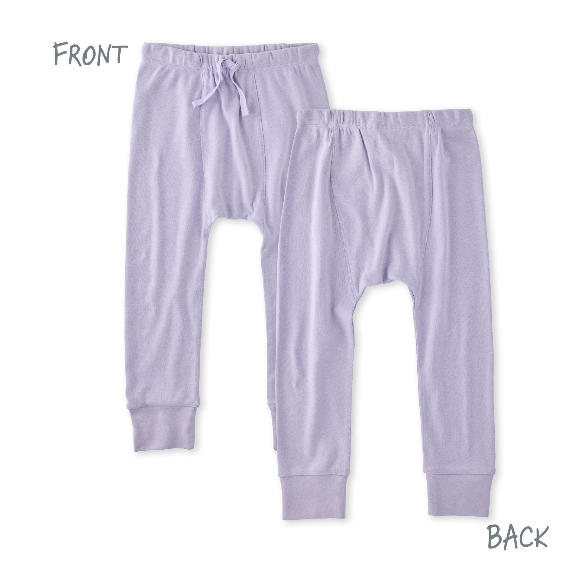 Lavender pajama set with drawstring top on a white background