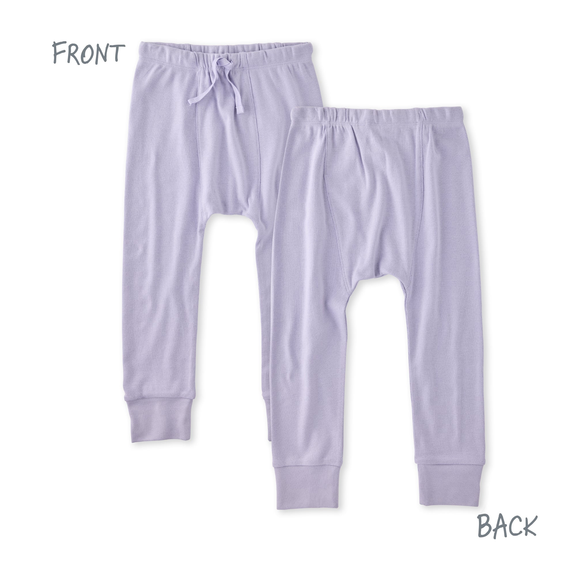 Lavender pajama set with drawstring top on a white background