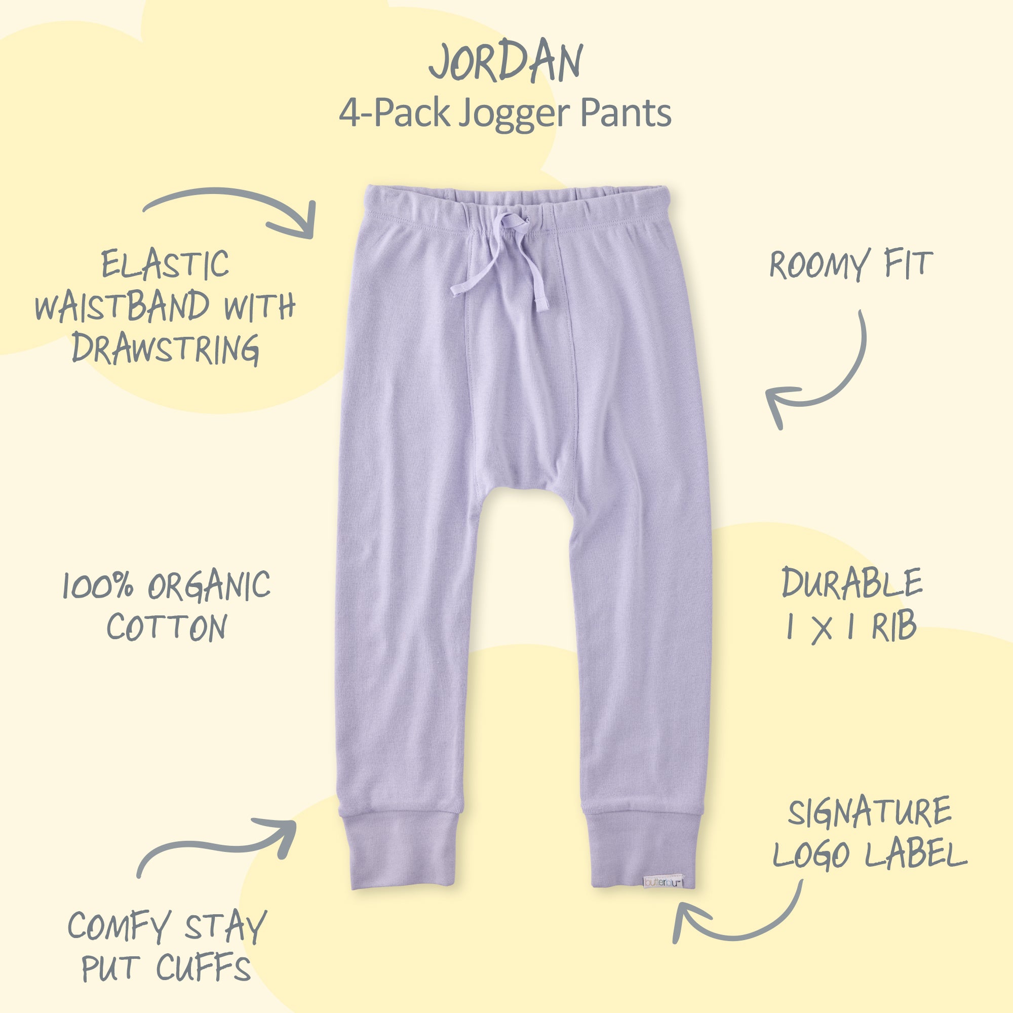 Purple jogger pants with features listed on a yellow background