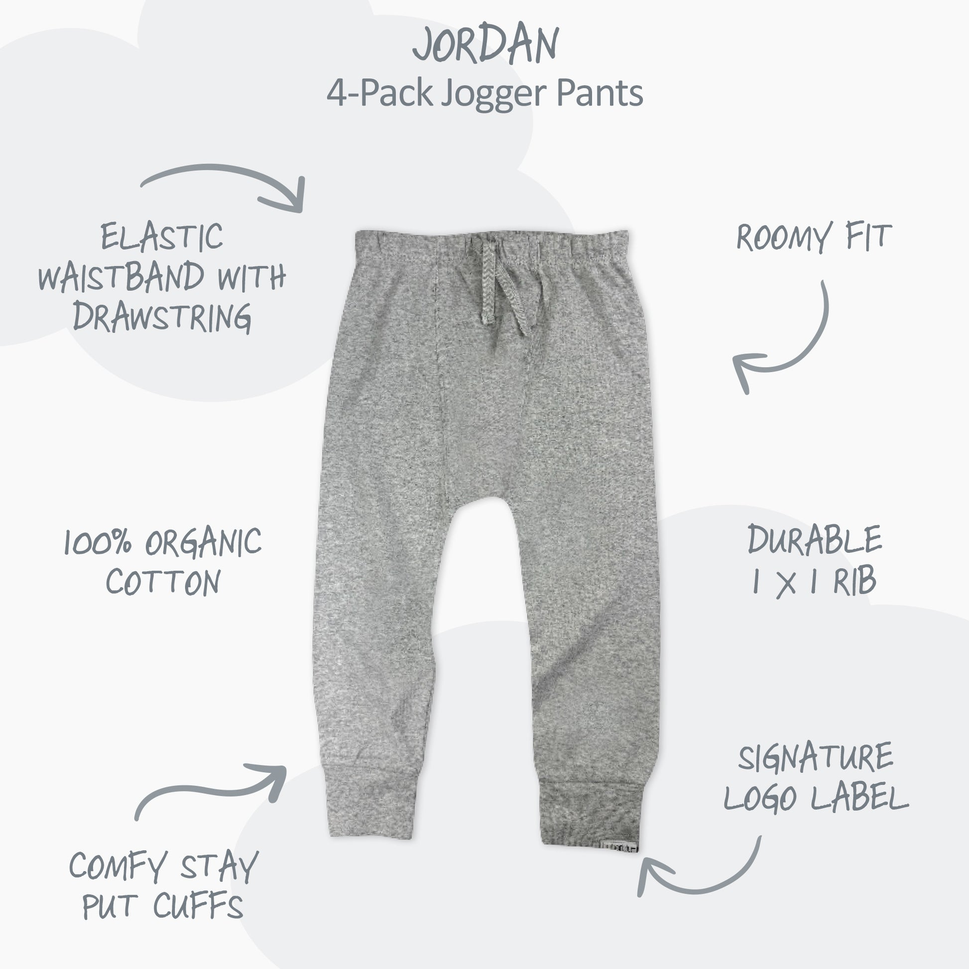 Gray jogger pants with features listed on a white background