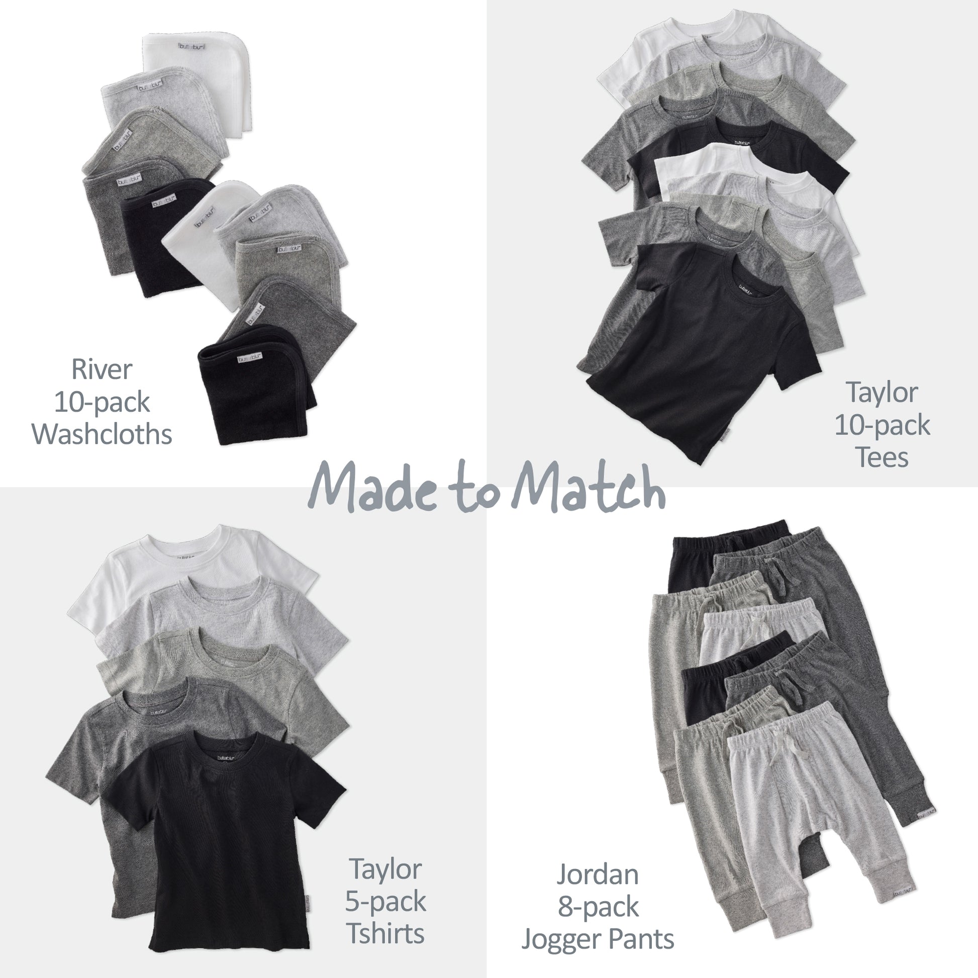 Collection of clothing items including washcloths, tees, t-shirts, and jogger pants arranged in a grid.