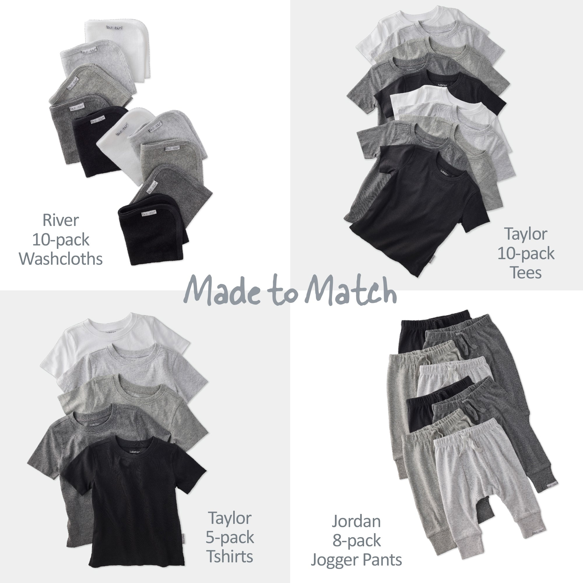 Collection of clothing items including washcloths, tees, t-shirts, and jogger pants arranged in a grid.