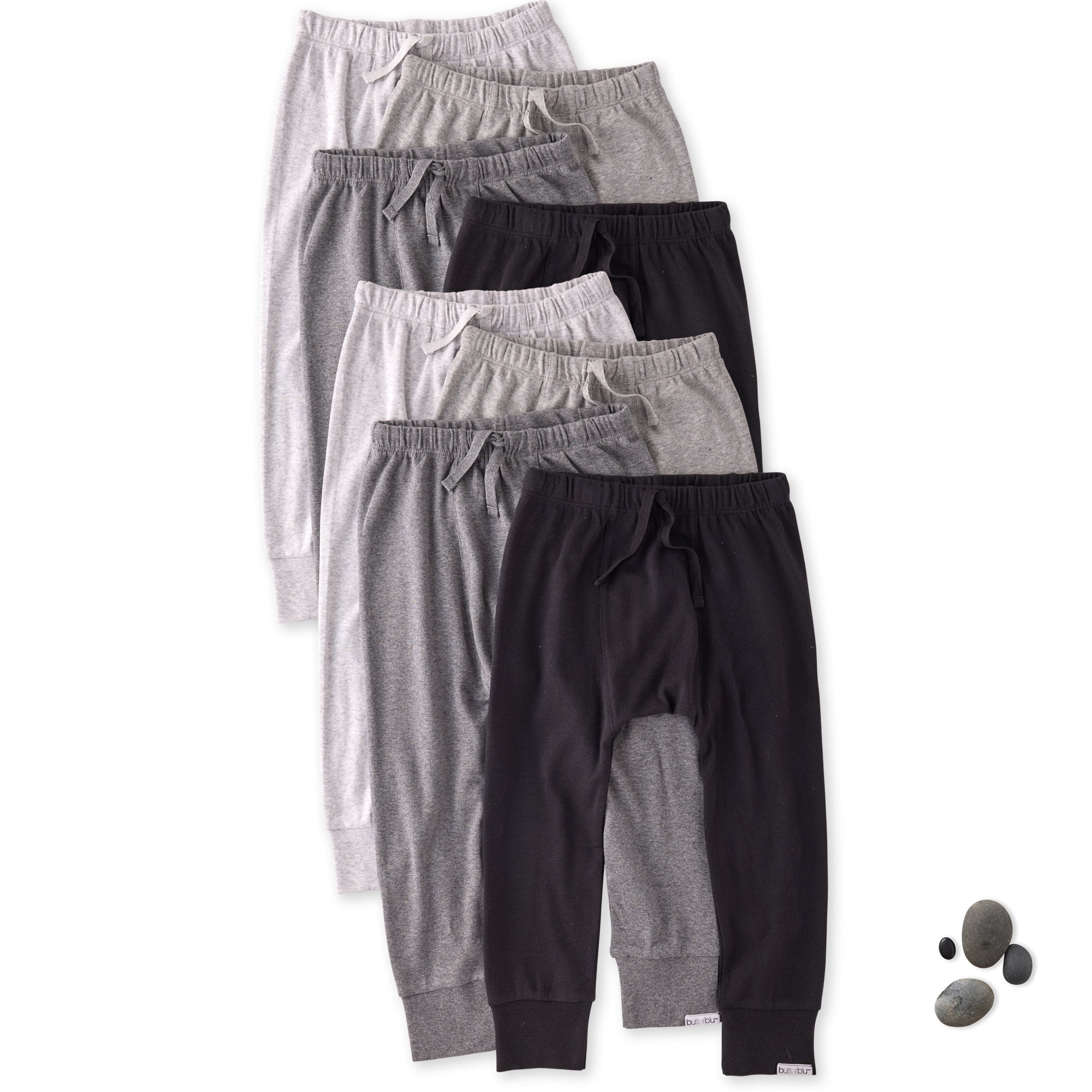 Set of black and gray jogger pants on a white background