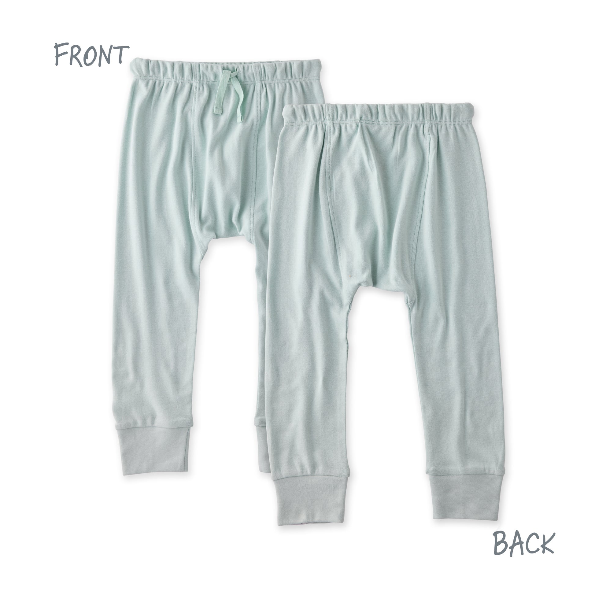 Light blue pajama pants shown from front and back on a white background