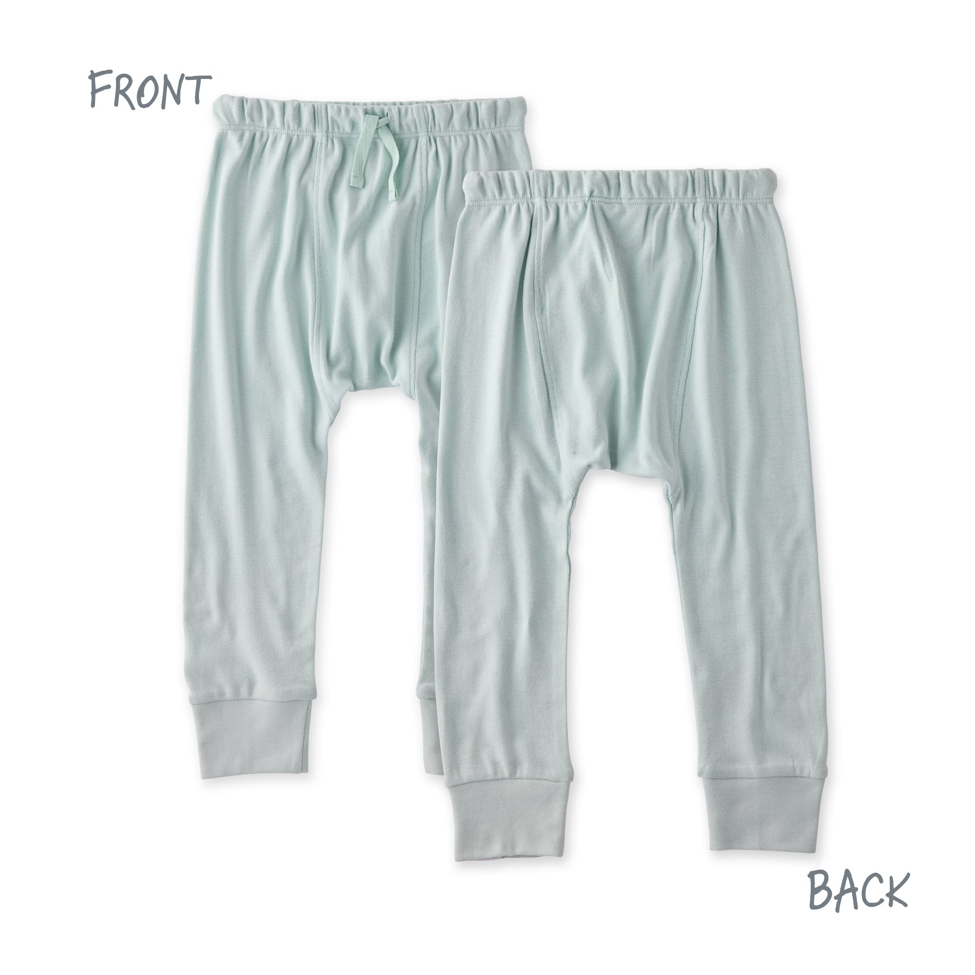 Light blue pajama pants shown from front and back on a white background