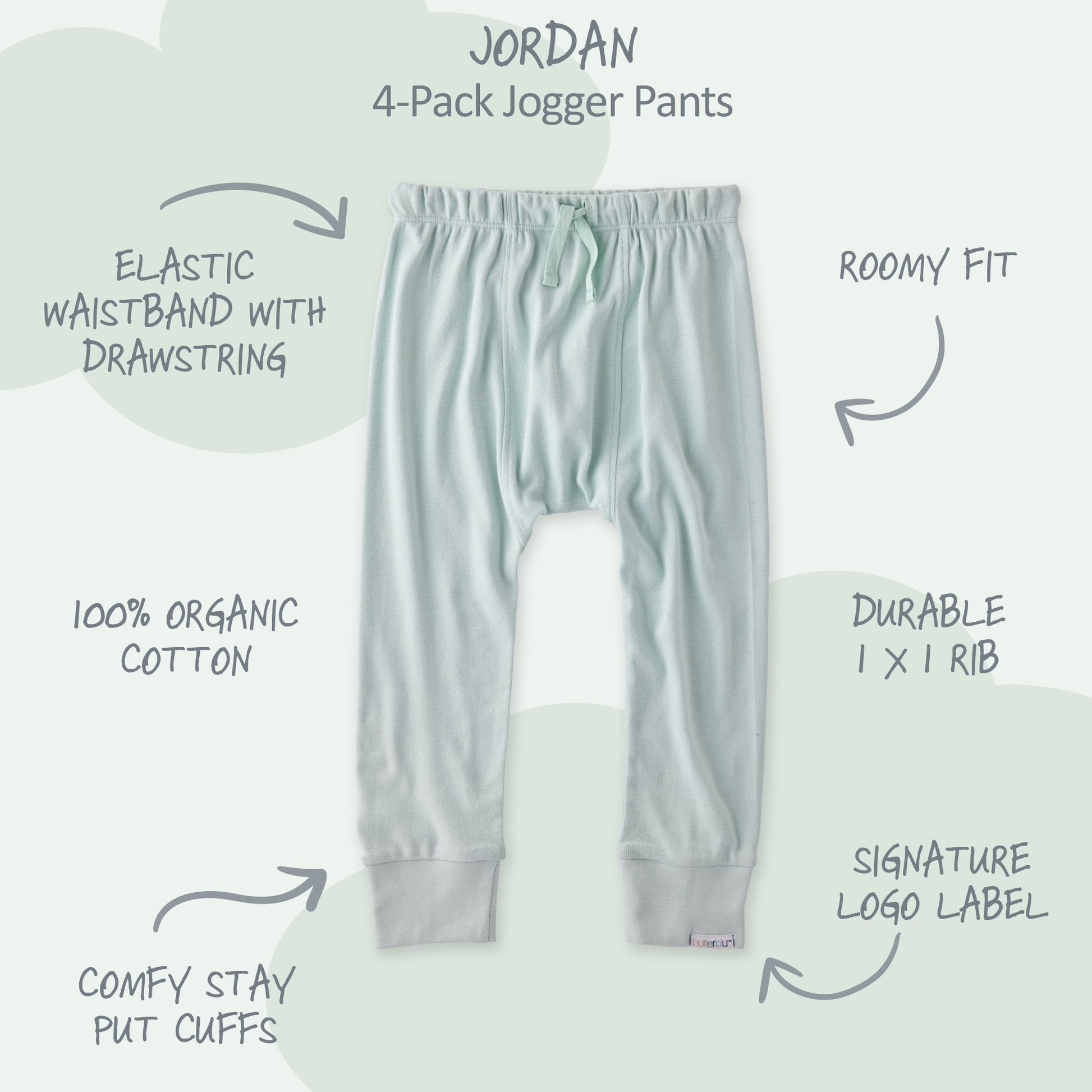 Gray jogger pants with features listed on a white background