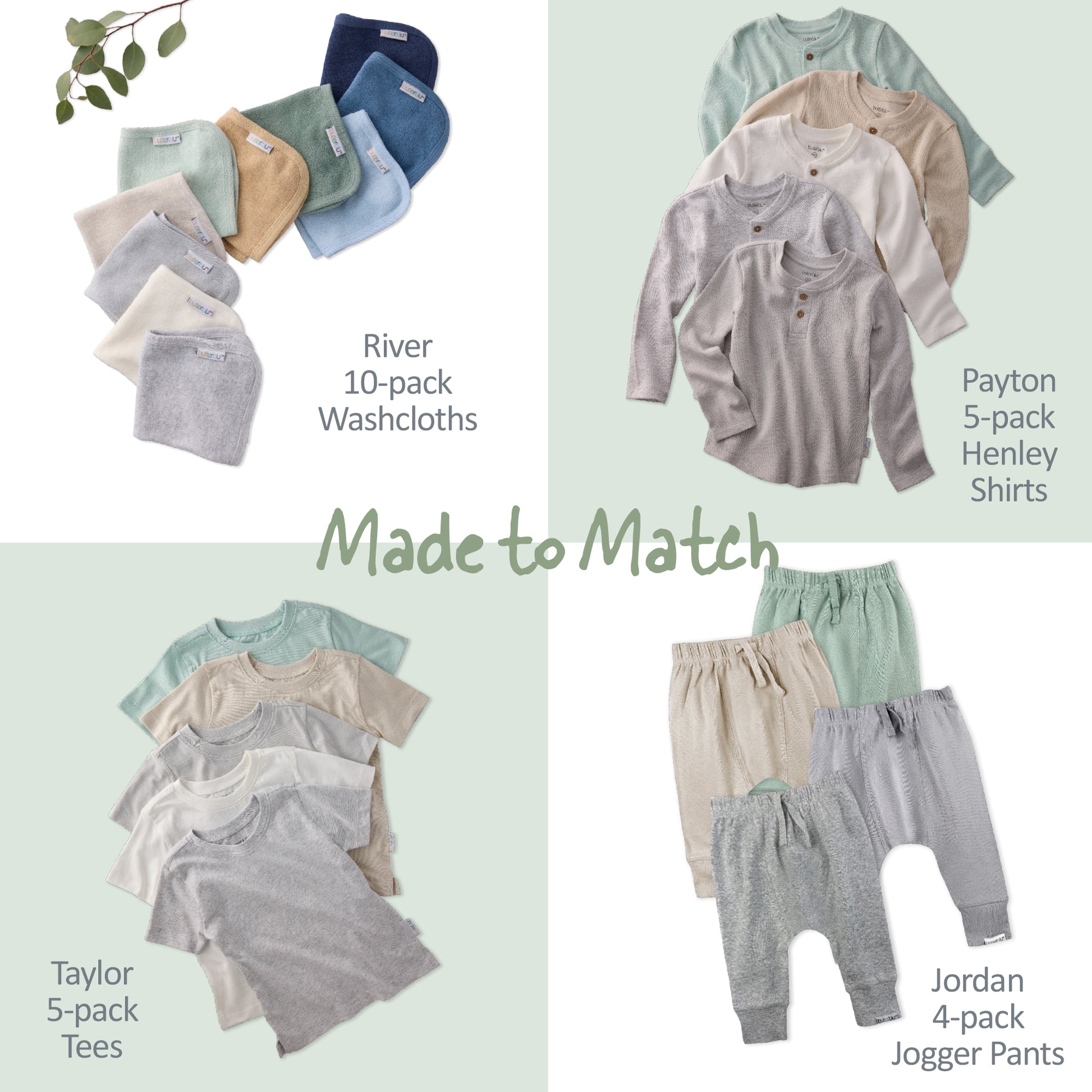 Collection of baby clothing items including washcloths, henley shirts, tees, and jogger pants with text indicating matching sets.