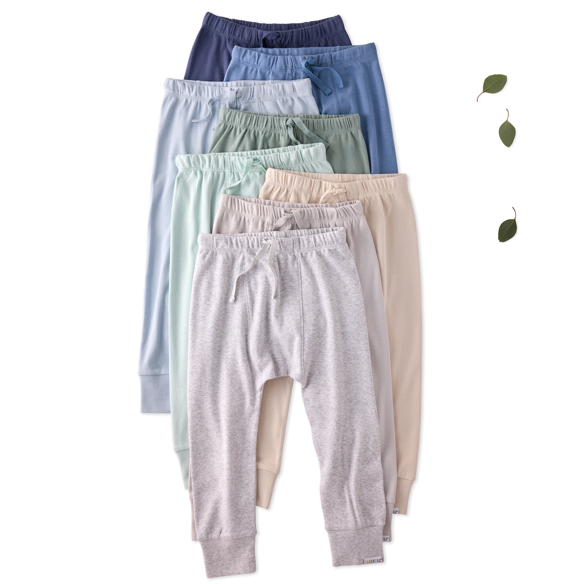 Set of colorful children's pants on a white background