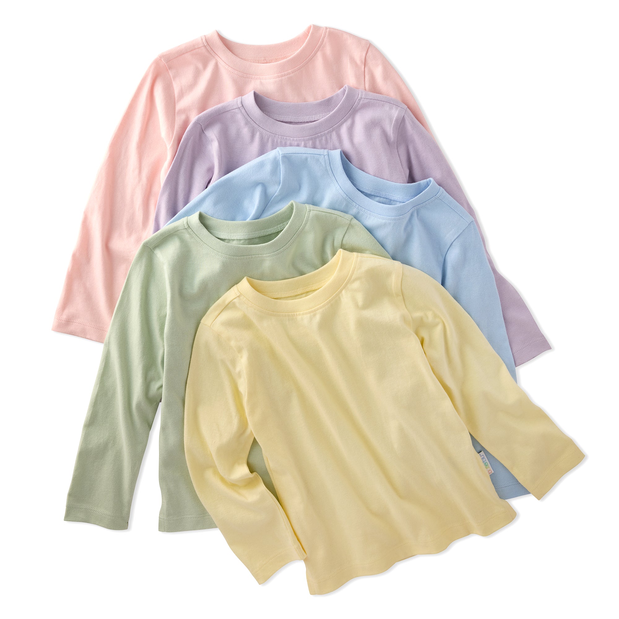 5 long sleeve tee shirts in pink, purple, green, blue, yellow stacked on a white background