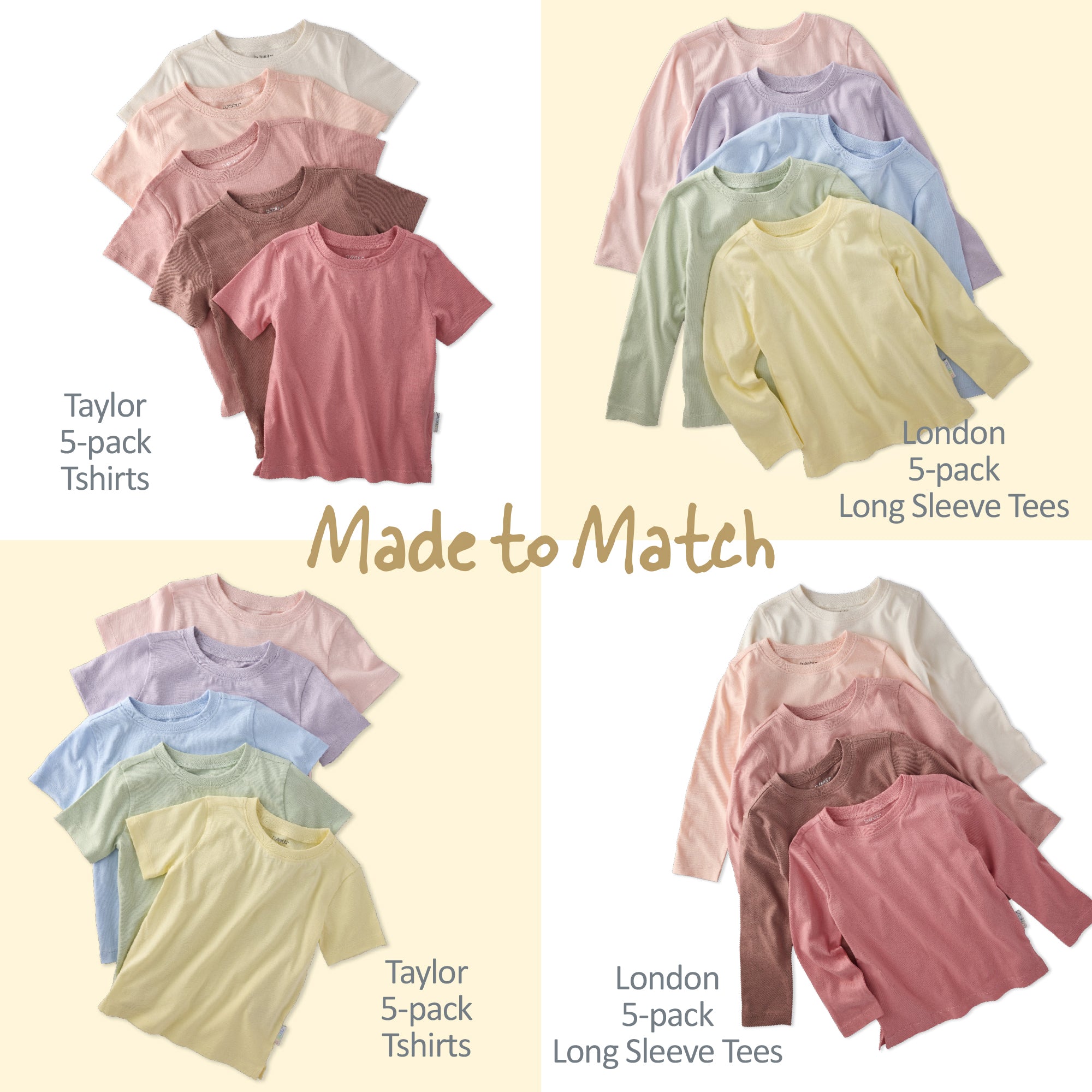 Collage of Taylor 5-pack Tshirts and London 5-pack long sleeves in sunset and haze