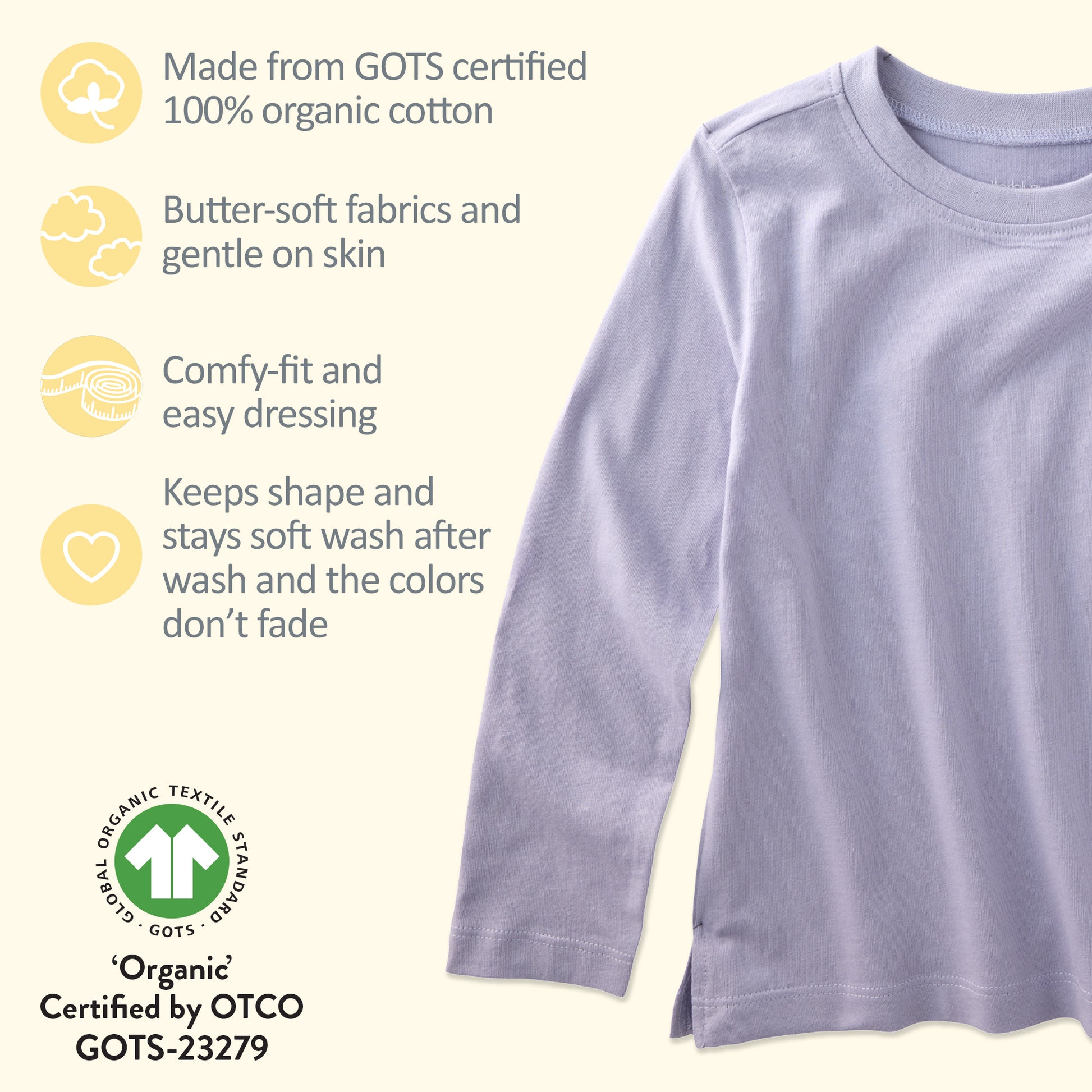 Purple t-shirt with GOTS product certificates