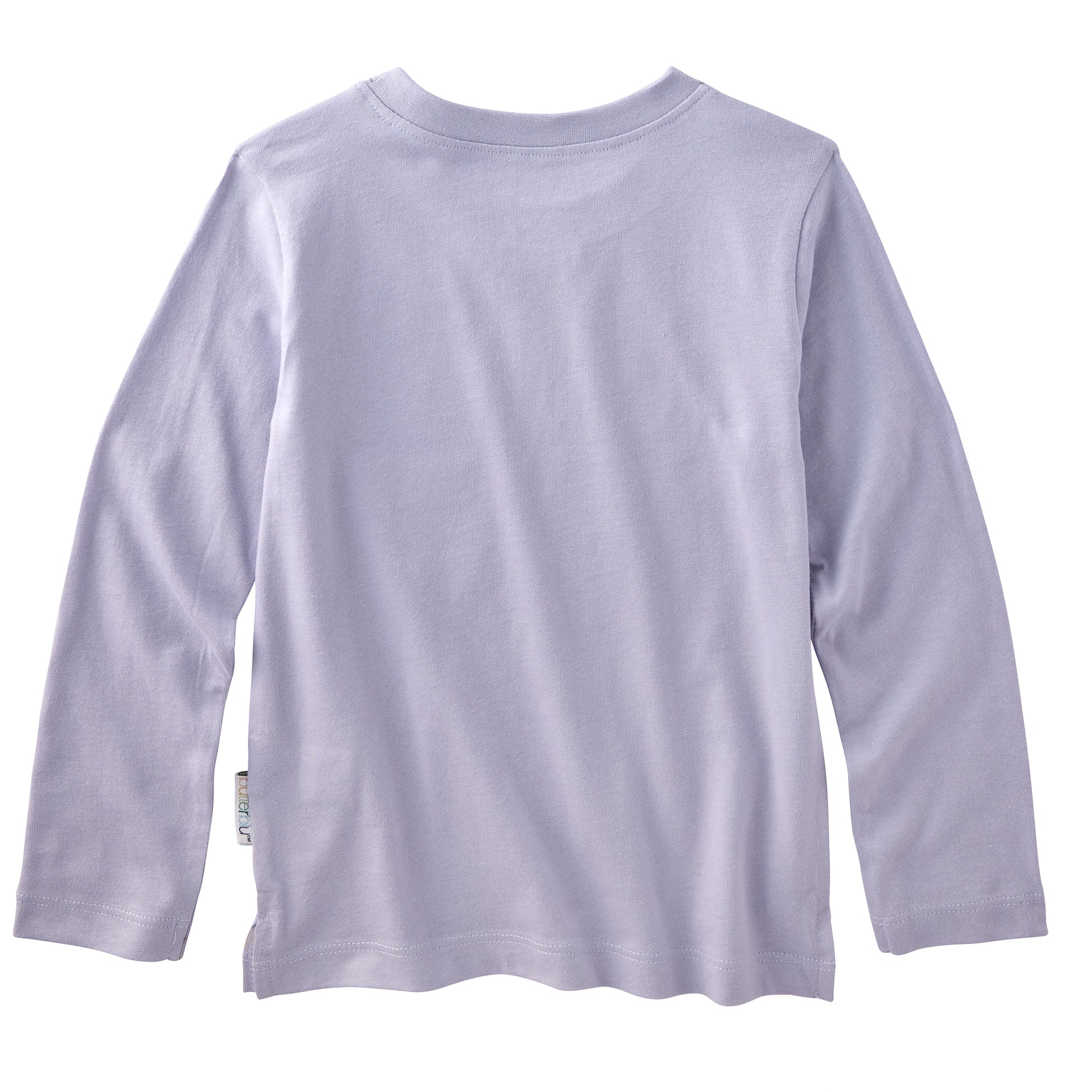 Backside of a purple long sleeve t-shirt on a white background