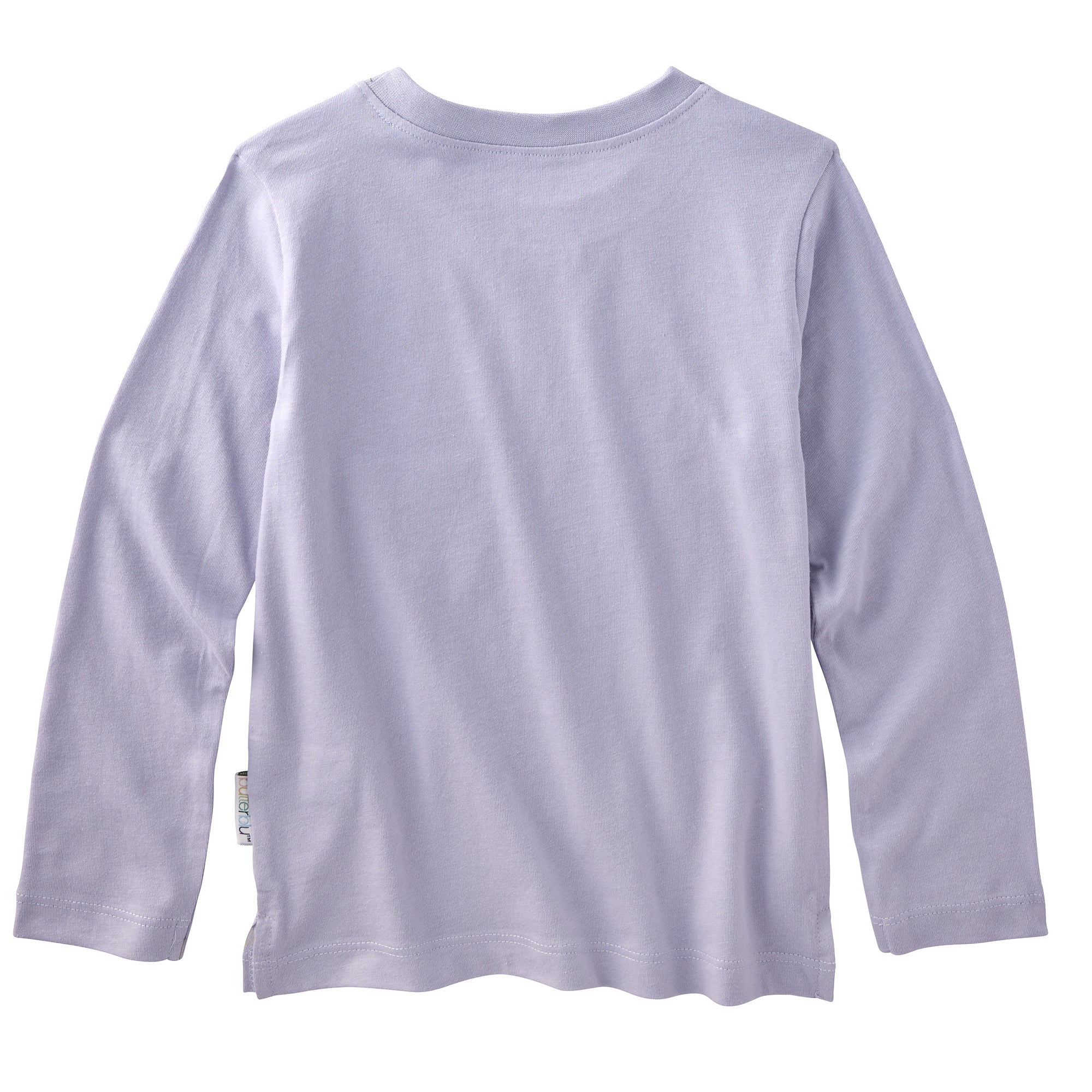 Backside of a purple long sleeve t-shirt on a white background