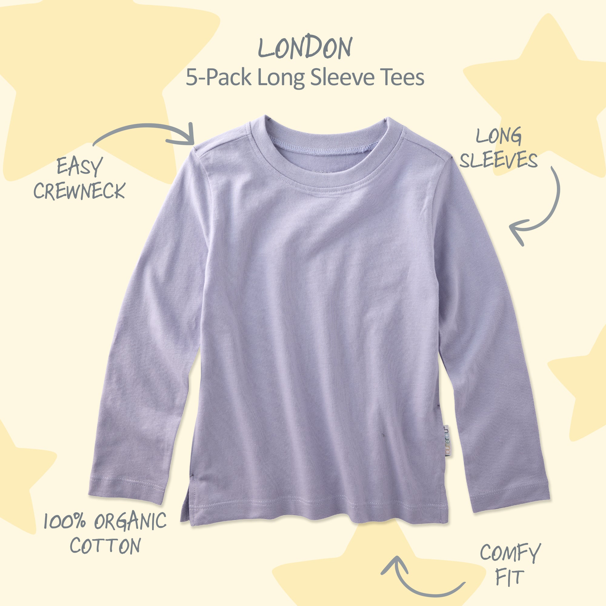 Purple long sleeve t-shirt on a yellow background surrounded by product descriptions and London title at top