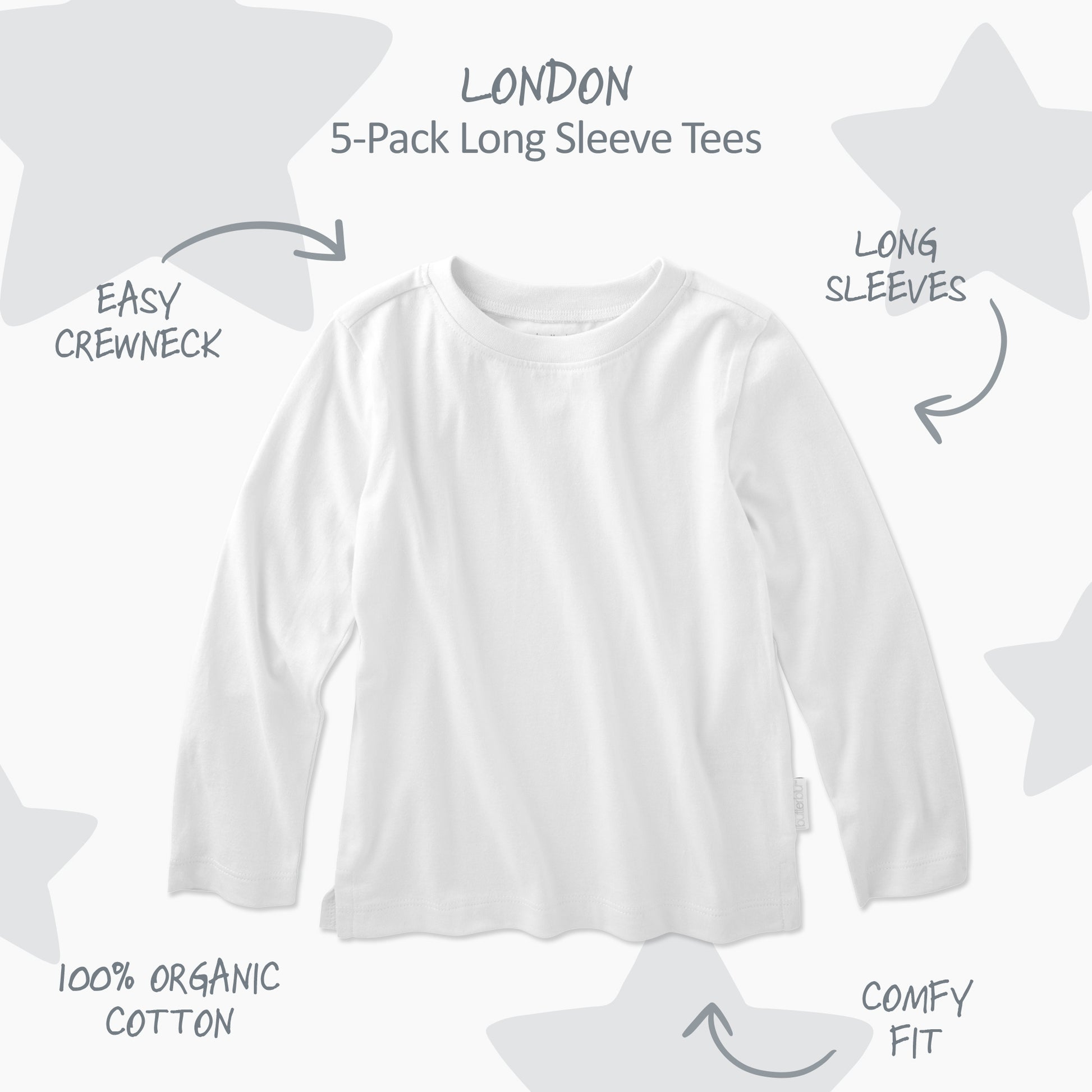White long sleeve Tshirt surrounded by product descriptions and London Title on a white background with stars