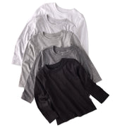 5 long sleeve Tshirts in white, grey, and black, stacked on a white background