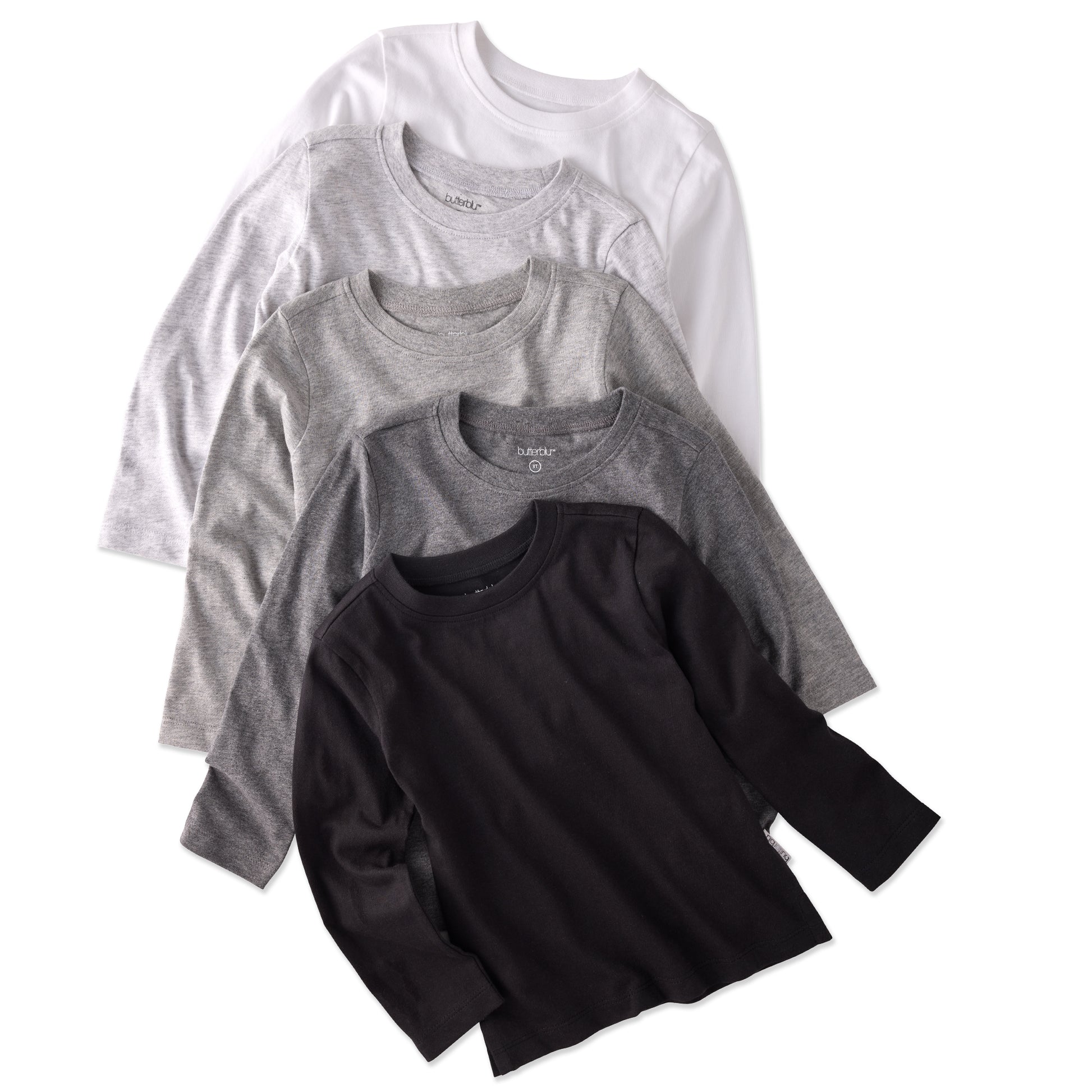 5 long sleeve Tshirts in white, grey, and black, stacked on a white background
