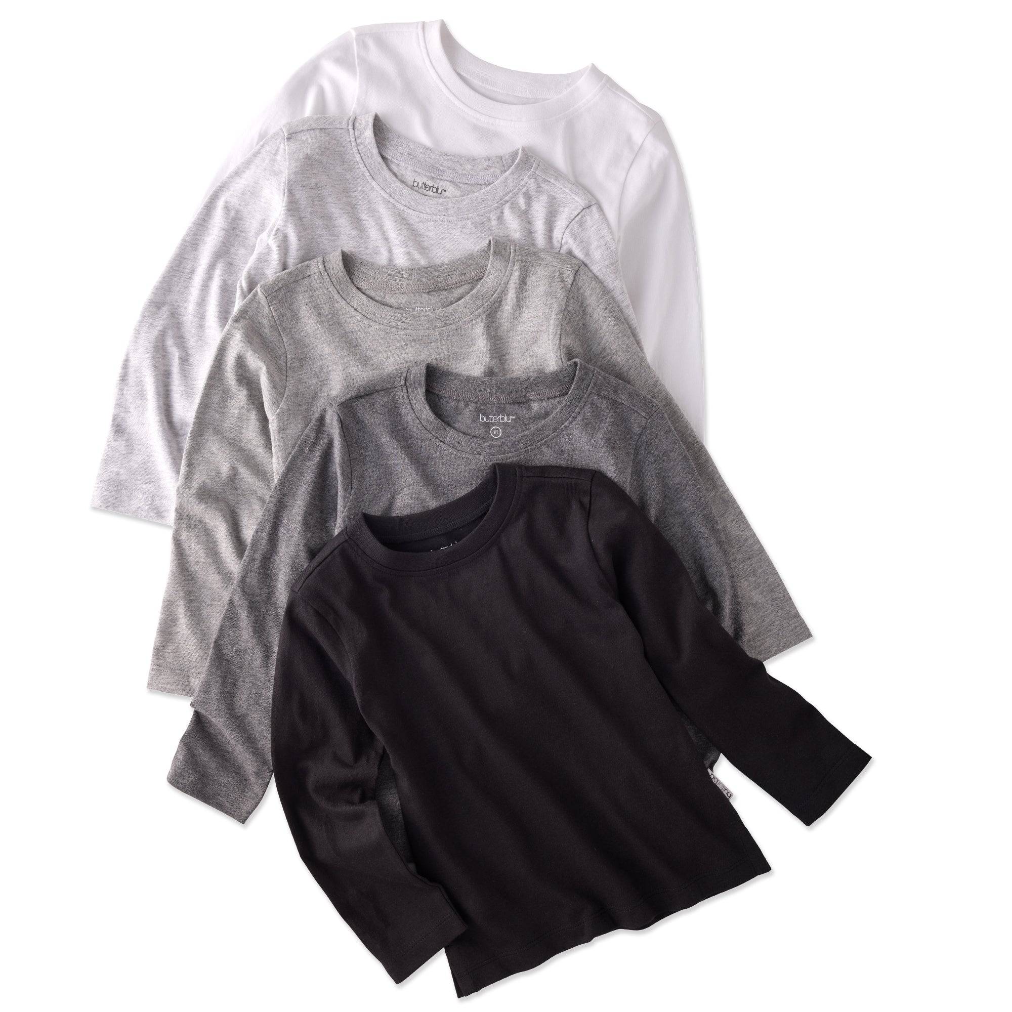 5 long sleeve Tshirts in white, grey, and black, stacked on a white background