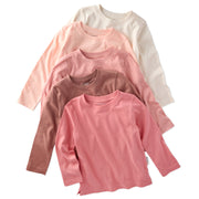 5 long sleeve Tshirts in white, brown, and pink, stacked on a white background