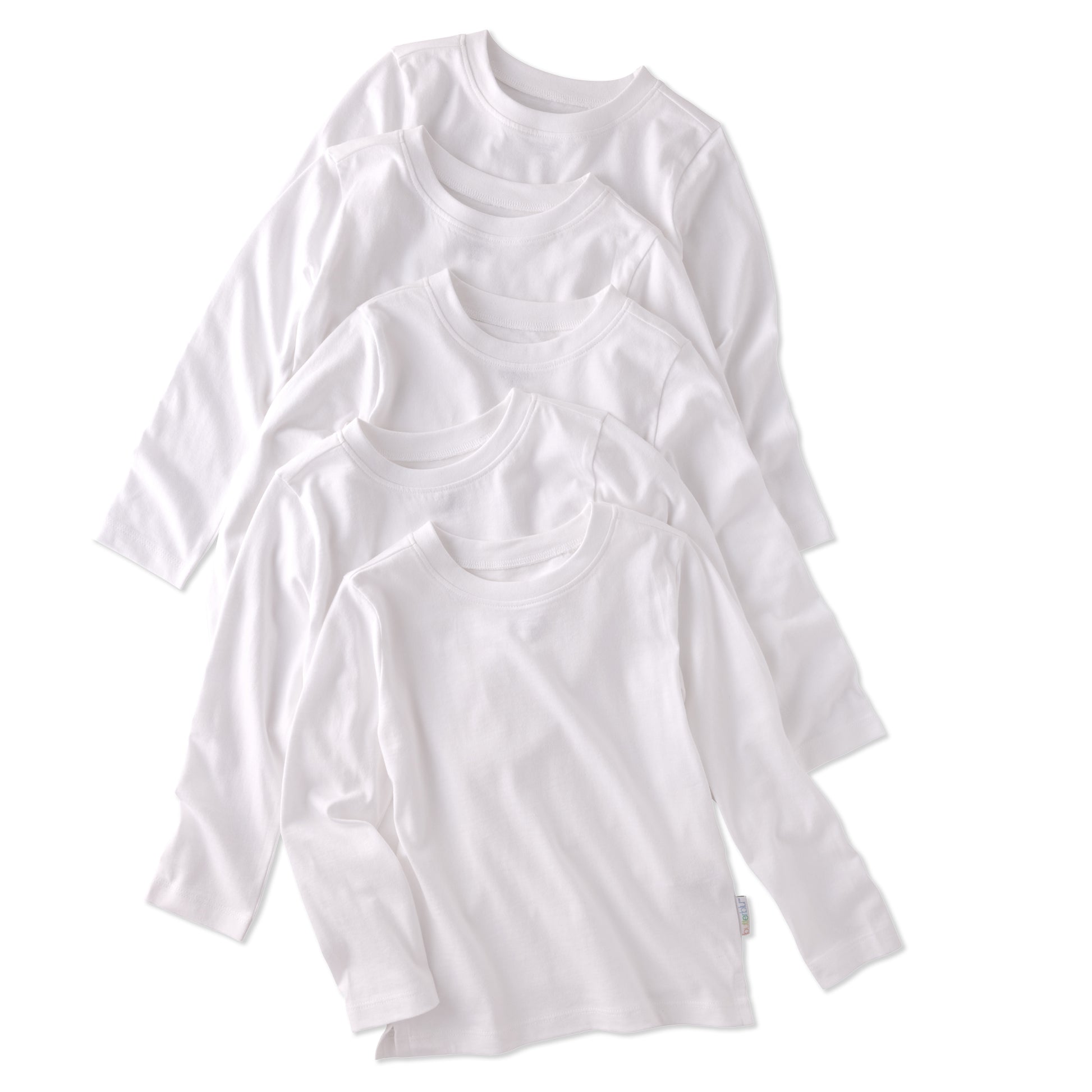 5 long sleeve Tshirts in white stacked on a white background