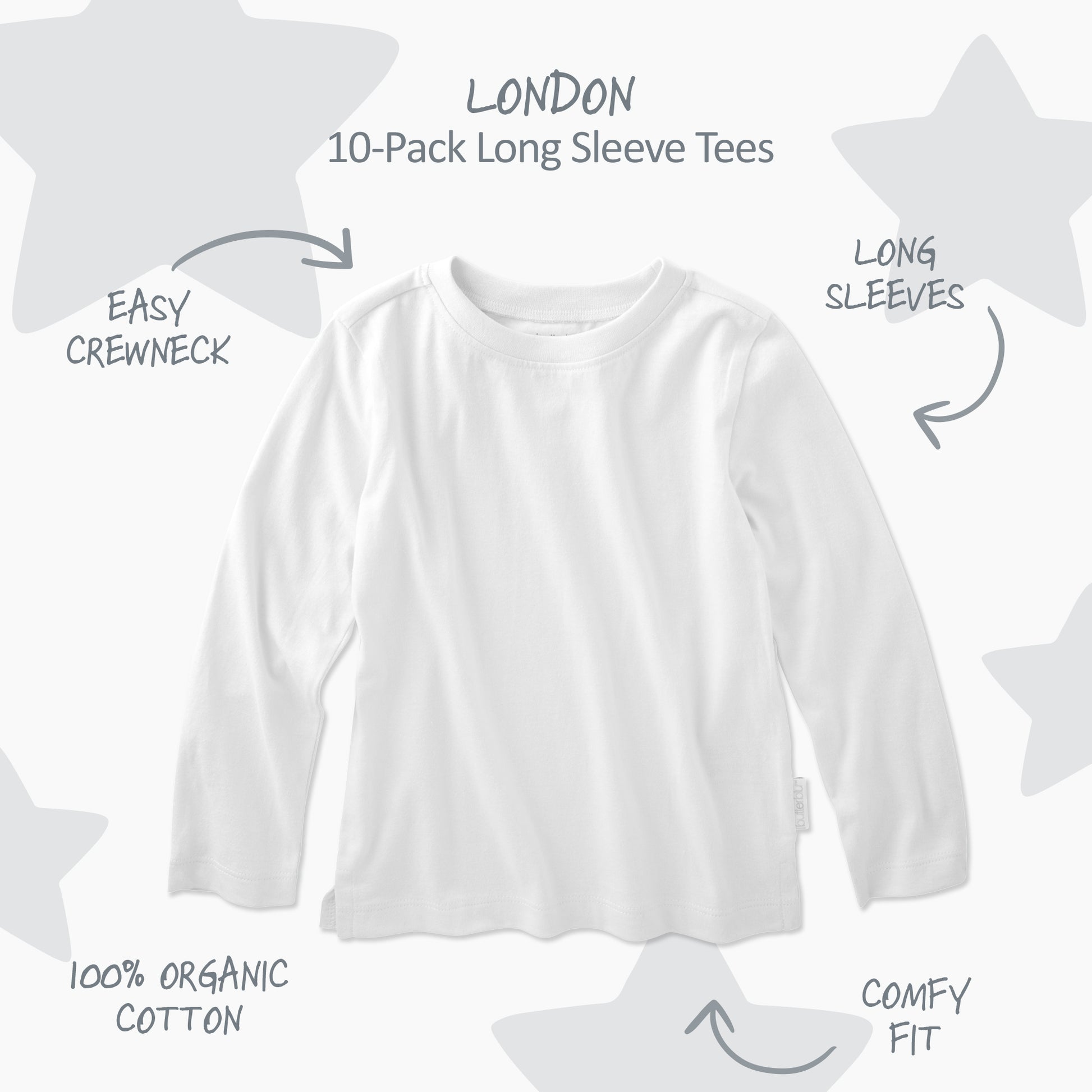 White long sleeve tee shirt with descriptions and a white star background