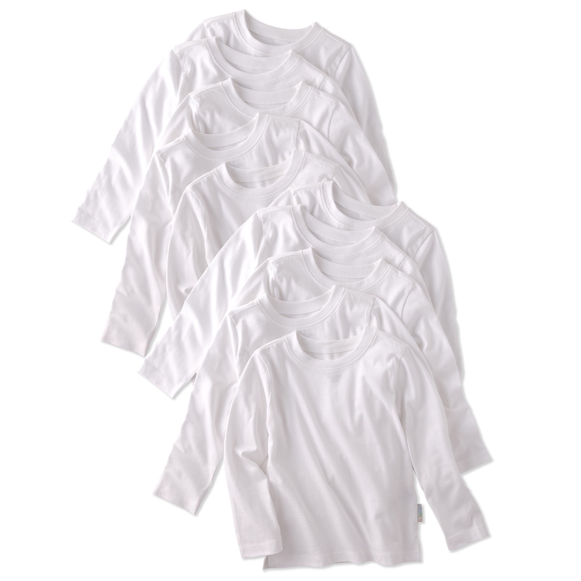10 white long sleeve tee-shirts on a white background