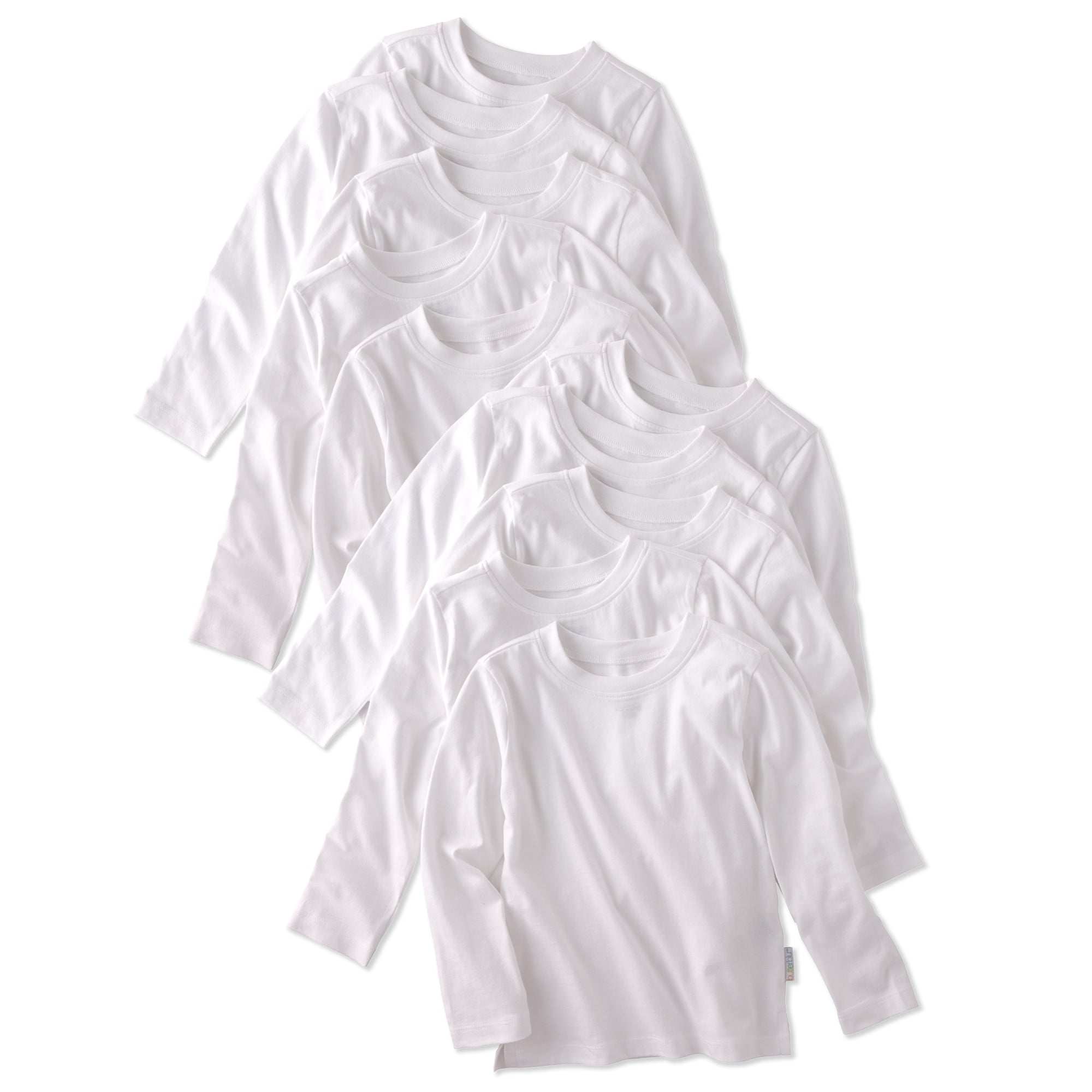 10 white long sleeve tee-shirts on a white background