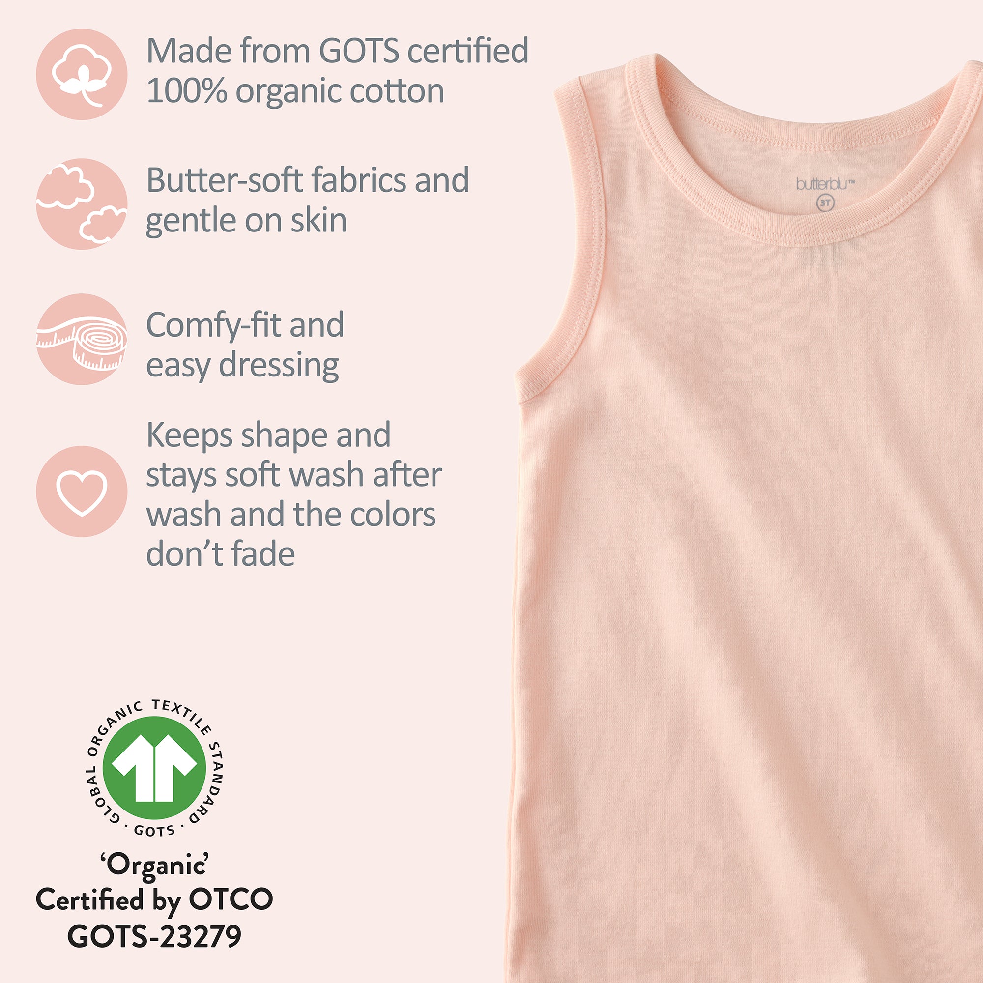 Muscle T-shirt GOTS certification badges
