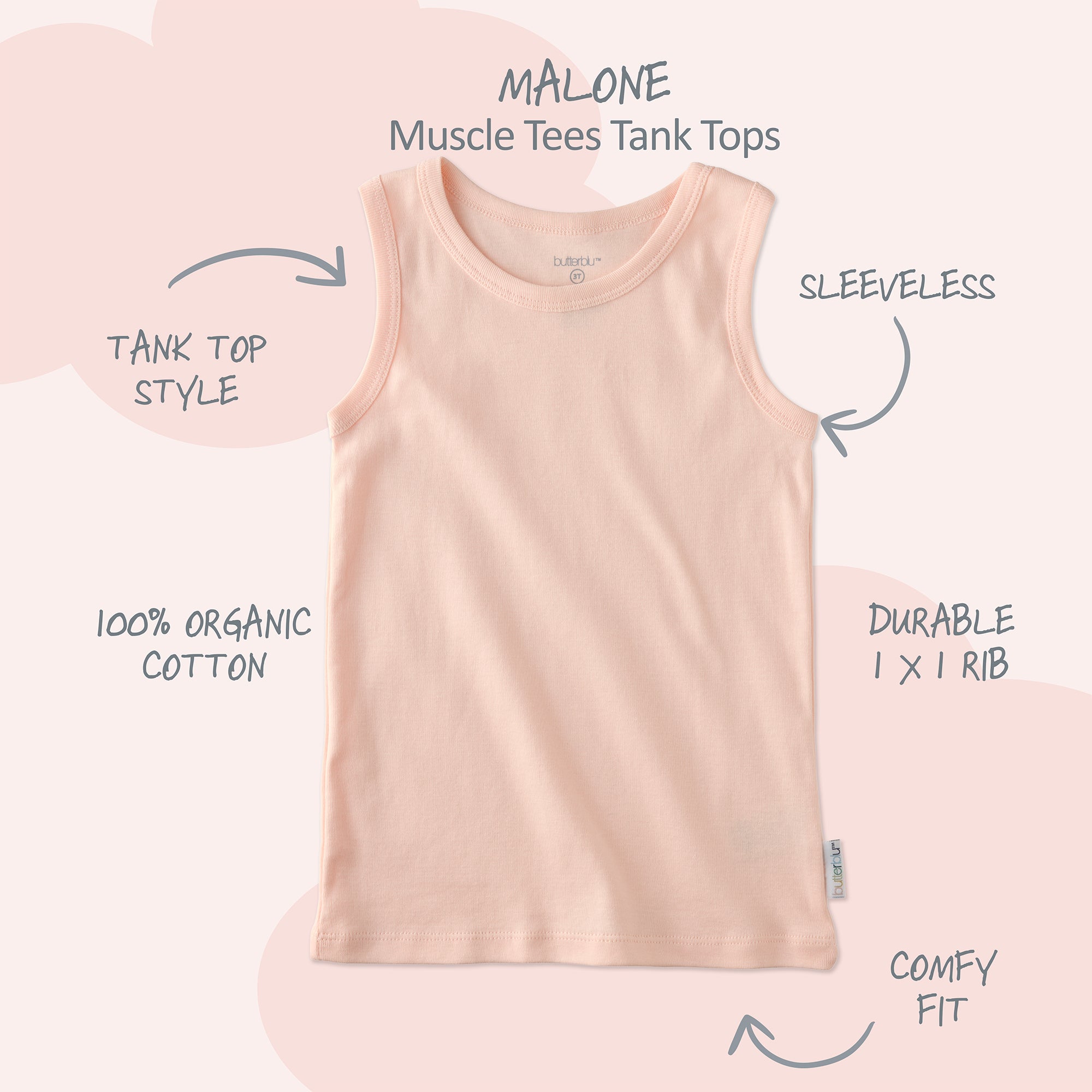Malone sleeveless muscle tee with product descriptions surrounding it and Malone title at the top