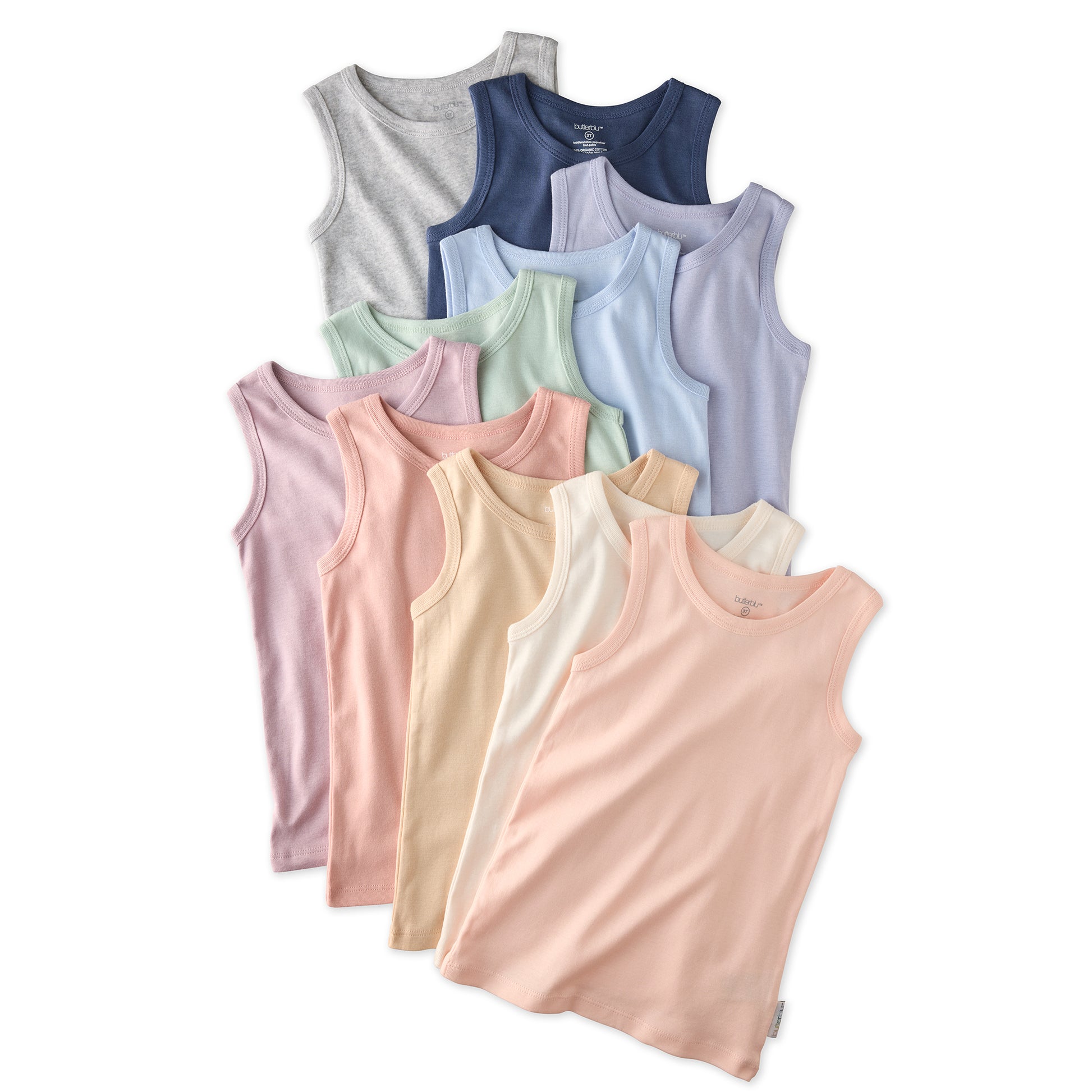 Layout of 10 short sleeve tank tops in Sorbet Frost Rainbow on a white background
