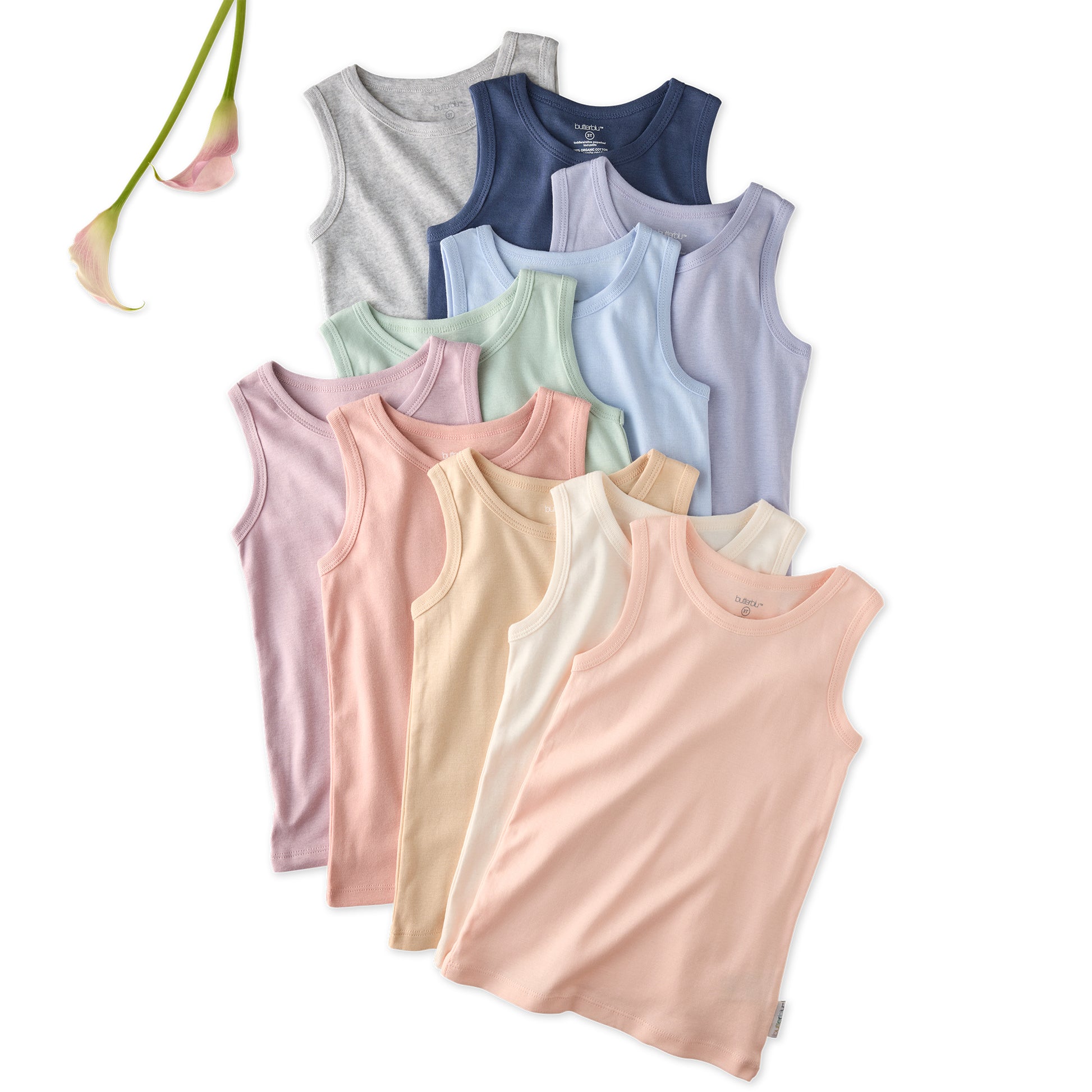 Layout of 10 short sleeve tank tops in Sorbet Frost Rainbow on a white background with a flower detail
